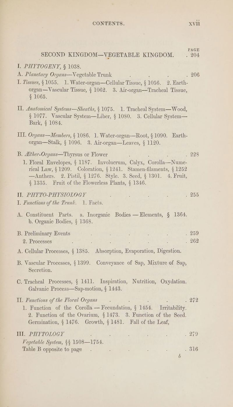 PAGE SECOND KINGDOM—VEGETABLE KINGDOM. . 204 I. PHYTOGENY, § 1088. A. Planetary Organs—V egetable Trunk . 206 I. Tissues, §1055. 1. Water-organ—Cellular Tissue, § 1056. 2. Harth- organ—Vascular Tissue, § 1062. 3. Air-organ—Tracheal Tissue, § 1065. Il. Anatomical Systems—Sheaths, § 1075. 1. Tracheal System—Wood, § 1077. Vascular System—Liber, § 1080. 3. Cellular System— Bark, § 1084. IIT. Organ organ—NStalk, § 1096. 3. Air-organ—Leaves, § 1120. B. Ather-Organs—Thyrsus or Flower 1. Floral Envelopes, § 1187. Involucrum, Calyx, Cyclin hane. rical Law, § 1209. Coloration, §1241. Stamen-filaments, § 1252 —Anthers. 2. Pistil, § 1276. Style. 3. Seed, § 1301. 4. Fruit, § 1335. Fruit of the Flowerless Plants, § 1346. Il. PHYTO-PHYSIOLOGY L. Functions of the Trunk. 1. Facts. A. Constituent Parts. a. Inorganic Bodies — Elements, § 1364. b. Organic Bodies, § 1368. B. Preliminary Events 2. Processes A. Cellular Processes, § 1385. Absorption, Evaporation, Digestion. B. Vascular Processes, § 1399. Conveyance of Sap, Mixture of Sap, Secretion. C. Tracheal Processes, § 1411. Inspiration, Nutrition, Oxydation. Galvanic Process—Sap-motion, § 1443. Il. Functions of the Floral Organs 1. Function of the Corolla Apelation, § 1454, Irritability. 2. Function of the Ovarium, $1473. 3. Function of the Seed. Germination, § 1476. Growth, §1481. Fall of the Leaf, Ill. PHYTOLOGY Vegetable System, \§ 1508—1754. Table B opposite to page b . 228