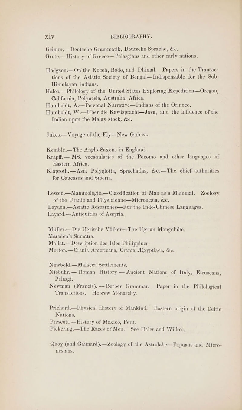 Grimm.— Deutsche Grammatik, Deutsche Sprache, &amp;e. Grote.—History of Greeee—Pclasgians and other early nations. Hodgson.—On the Koceh, Bodo, and Dhimal. Papers in the Transac- tions of the Asiatic Society of Bengal—Indispensable for the Sub- Himalayan Indians. Hales.—Philology of the United States Exploring Expedition—Oregon, California, Polynesia, Australia, Africa. Humboldt, A.—Personal Narrative—Indians of the Orinoco. Humboldt, W.—Uber die Kawisprachi—Java, and the influence of the Indian upon the Malay stock, &amp;e. Jukes.—Voyage of the Fly—New Guinea. Kemble.—The Anglo-Saxons in England. Krapff.— MS. vocabularies of the Pocomo and other languages of Eastern Africa. Klaproth.—Asia Polyglotta, Sprachatlas, &amp;c.—The chief authorities for Caucasus and Siberia. Lesson.—Mammologie.—Classification of Man asa Mammal. Zoology of the Uranie and Physicienne—Micronesia, &amp;c. Leyden.—Asiatie Researches—For the Indo-Chinese Languages. Layard.—Antiquities of Assyria. Miiller.—Die Ugrische Vélker—The Ugrian Mongolidee. Marsden’s Sumatra. Mallat.—Description des Isles Philippines. Morton.—Crania Americana, Crania /Mgyptiaca, &amp;c. Newbold.—Malacca Settlements. Niebuhr.— Roman History — Ancient Nations of Italy, Etruscans, Pelasgi. Newman (Francis). —— Berber Grammar. Paper in the Philological Transactions. Hebrew Monarchy, Prichard.—Physical History of Mankind. Nations. Prescott.— History of Mexico, Peru. Pickering.—The Races of Men. Sce Hales and Wilkes. Eastern origin of the Celtic Quoy (and Gaimard).—Zoology of the Astrolabe—Papuans and Micro- nesians.
