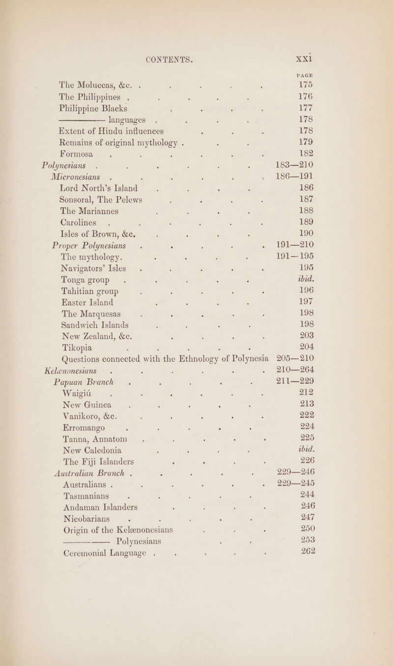 PAGE The Moluccas, &amp;e. 175 The Philippines . 176 Philippine Blacks 177 — languages 178 Extent of Hindu influences 178 Remains of original mythology . 179 Formosa 182 Polynesians 183—210 Micronesians 186—191 Lord North’s island 186 Sonsoral, The Pelews 187 The Mariannes 188 Carolines 189 Isles of Brown, &amp;e. 190 Proper Polynesians 191—210 The mythology. 191—195 Navigators’ Isles 195 Tonga group ibid. Tahitian group 196 Easter Island 197 The Marquesas 198 Sandwich Islands 198 New Zealand, &amp;c. 203 Tikopia : 204 Questions connected wat the Hemolaey: of Poleait 205— 210 Kelenonesians . ‘ : : ‘ . 210—264 Papuan Branch. : 2 : 211—229 Waigit : : : : : : 212 New Guinea : ‘ : ; 213 Vanikoro, &amp;e. ; : : 4 222 EHrromango : - ‘ : 224 Tanna, Annatom : : - ; 225 New Caledonia : : abid. The Fiji Islanders : ‘ : , 226 Australian Branch . : - ‘ : 229—246 Australians . ‘ : : ‘ ~ 229—245 Tasmanians : : ; ; 3 244 Andaman Islanders 4 f : 246 Nicobarians : : , i 247 Origin of the ieienaacsians ? : 250 Polynesians : 253 Ceremonial Language . : : ; : 262