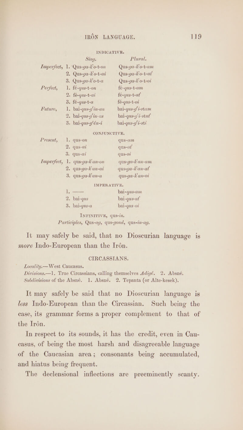 Sing. Imperfect, 1. Qus-ga-k'o-t-on Plural. Qus-ga-ko-t-am 2. Qus-ga-k'o-t-ai Qus-ga-k'o-t-at 3. Qus-ga-k'o-t-a Qus-ga-k' o-t-o7 Perfect, 1. f€-qus-t-on fé-qus-t-am 2. fe-qus-t-ar fé-qus-t-at 3. fé-qus-t-a fé-qus-t-ot Future, 1. bai-qus-g'in-an bai-qus-g'i-stam 2. bai-qus-g’in-as bai-qus-g/t-stut® 3. bai-qus-g'En-i hai-qus-g't-sté CONJUNCTIVE. Present, 1. qus-on qus-am 2. qus-aé qus-at 3. qus-a7 qus-o2 Imperfect, 1. qus-ga-k an-on qus-ga-kan-am 2. qus-ga-k an-ai qus-ga-k an-at 3. qus-ga-k an-a qus-ga-k an-ot IMPERATIVE. I. bai-qus-am 2. bai-qus bai-qus-ut 3. bai-qus-a bai-qus-o7 INFINITIVE, qus-iz. Participles, Qus-ag, qus-gond, qus-in-ag. It may safely be said, that no Dioscurian language is more Indo-European than the Iron. CIRCASSIANS. Locality.— West Caucasus. Divisions.—1. True Circassians, calling themselves Adigé. 2. Absné. Subdivisions of the Absné. 1. Absné. 2. Tepanta (or Alte-kesek), It may safely be said that no Dioscurian language is Such being the case, its grammar forms a proper complement to that of the Irén. In respect to its sounds, it has the credit, even in Cau- less Indo-European than the Circassian. casus, of being the most harsh and disagreeable language of the Caucasian area; consonants being accumulated, and hiatus being frequent. The declensional inflections are preeminently scanty.