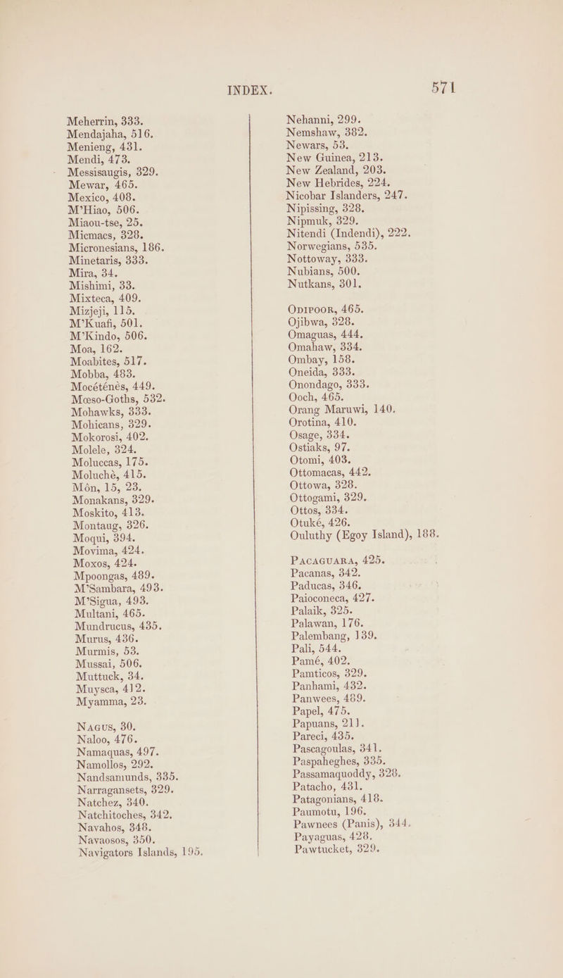 Meherrin, 333. Mendajaha, 516. Menieng, 431. Mendi, 473. Messisaugis, 329. Mewar, 465. Mexico, 408. M’Hiao, 506. Miaou-tse, 25. Micmacs, 328. Micronesians, 186. Minetaris, 333. Mira, 34. Mishimi, 33. Mixteca, 409. Mizjeji, 115. M’Kuafi, 501. M’Kindo, 506. Moa, 162. Moabites, 517. Mobba, 483. Mocéténés, 449. Meeso-Goths, 532. Mohawks, 333. Mohicans, 329. Mokorosi, 402. Molele, 324. Moluccas, 175. Moluche, 415. Mon, 15, 23. Monakans, 329. Moskito, 413. Montaug, 326. Moqui, 394. Movima, 424. Moxos, 424. Mpoongas, 489. M’Sambara, 493. M’Sigua, 493. Multani, 465. Mundrucus, 435. Murus, 436. Murmis, 53. Mussai, 506. Muttuck, 34. Muysca, 4] 2. Myamma, 23. Naaus, 30. Naloo, 476. Namaquas, 497. Namollos, 292. Nandsaniunds, 335. Narragansets, 329. Natchez, 340. Natchitoches, 342, Nayahos, 348. Navaosos, 350. Navigators Islands, 190. 571 Nehanni, 299. Nemshaw, 382. Newars, 53. New Guinea, 213. New Zealand, 203. New Hebrides, 224. Nicobar Islanders, 247. Nipissing, 328. Nipmuk, 329. Nitendi (Indendi), 222. Norwegians, 535. Nottoway, 333. Nubians, 500. Nutkans, 301. Opiroor, 465. Ojibwa, 328. Omaguas, 444. Omahaw, 334. Ombay, 158. Oneida, 333. Onondago, 333. Ooch, 465. Orang Maruwi, 140. Orotina, 410. Osage, 334. Ostiaks, 97. Otomi, 403. Ottomacas, 442. Ottowa, 328. Ottogami, 329. Ottos, 334. Otuké, 426. Ouluthy (Egoy Island), 188. PacaGuaRA, 425. Pacanas, 342. Paducas, 346. Paioconeca, 427. Palaik, 325. Palawan, 176. Palembang, 139. Pali, 544. Pamé, 402. Pamticos, 329. Panhami, 432. Panwees, 489. Papel, 475. Papuans, 21). Pareci, 435. Pascagoulas, 341. Paspaheghes, 335. Passamaquoddy, 328. Patacho, 431. Patagonians, 418. Paumotu, 196. Pawnees (Panis), 344. Payaguas, 428. Pawtucket, 329.