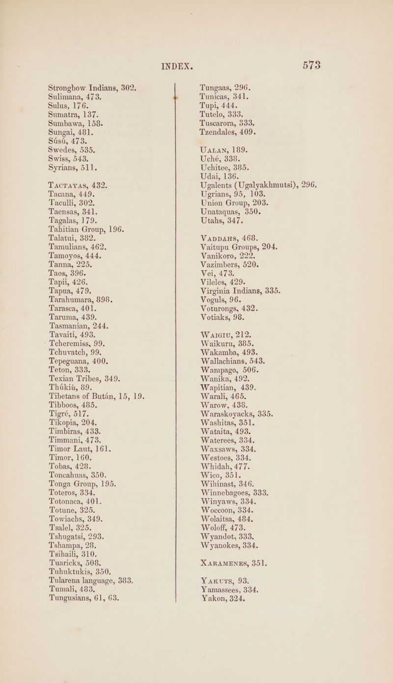 Strongbow Indians, 302. Sulimana, 473, Sulus, 176. Sumatra, 137. Sumbawa, 158. Sungai, 481. Sasa, 473. Swedes, 535. Swiss, 543. Syrians, 511. TAcTAYAS, 432. Tacana, 449. Taculli, 302. Taensas, 341. Tagalas, 179. Tahitian Group, 196. Talatui, 382. Tamulians, 462. Tamoyos, 444. Tanna, 225. Taos, 396. Tapii, 426. Tapua, 479. Tarahumara, 898. Tarasca, 401. Taruma, 439. Tasmanian, 244. Tavaiti, 493. Tcheremiss, 99. Tchuvatch, 99. Tepeguana, 400. Teton, 333. Texian Tribes, 349. Thakia, 89. Tibetans of Butan, 15, 19. Tibboos, 485. Tigré, 517. Tikopia, 204. Timbiras, 433. Timmani, 473. Timor Laut, 161. Timor, 160. Tobas, 428. Toncahuas, 350. Tonga Group, 195. Toteros, 334. Totonaca, 401. Totune, 325. Towiachs, 349. Tsalel, 325. Tshugatsi, 293. Tshampa, 28. Tsihaili, 310. Tuaricks, 508. Tuhuktukis, 350. Tularena language, 383. Tumali, 483. Tungusians, 61, 63. Tungaas, 296. Tunicas, 341. Tupi, 444. Tutelo, 333. Tuscarora, 333. Tzendales, 409. UALan, 189. Uché, 338. Uchitee, 385. Udai, 136. Ugalents (Ugalyakhmutsi), 296. Ugrians, 95, 108. Union Group, 203. Unataquas, 350. Utahs, 347. VaApDAHS, 468. Vaitupu Groups, 204. Vanikoro, 222. Vazimbers, 520. Vei, 473. Vileles, 429. Virginia Indians, 335. Voguls, 96. Voturongs, 432. Votiaks, 98. Waliaiv, 212. Waikuru, 385. Wakamba, 493. Wallachians, 543. Wampago, 506. Wanika, 492. Wapitian, 439. Warali, 465. Warow, 438. Waraskoyacks, 355. Washitas, 351. Wataita, 493. Waterees, 334. Waxsaws, 334, Westoes, 334. Whidah, 477. Wico, 351. Wihinast, 346. Winnebagoes, 333. Winyaws, 334. Woccoon, 334. Wolaitsa, 484. Woloff, 473. W yandot, 333. Wyanokes, 334. XARAMENES, 351. Yaxuts, 93. Yamassees, 334. Yakon, 324.