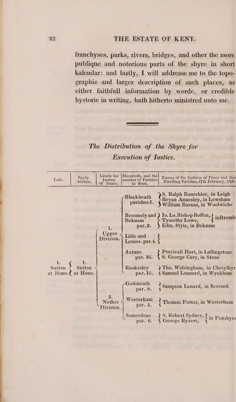 Se Se ae ae Limits for Tustice of Peace. Bayly- Lath. wickes. in them. Blackheath Beknam par. 2. tt Upper , Division. Litle and Axtane par. 16. 1. 1. Sutton Sutton L Rookesley at Hone.€ at Hone. par. 15. Godsheath par. 8. 2. Nether ieee Division. eee , Somerdene par. 6. Names of the Iustices of Peace and thei Dwelling Parishes, 17th February, 1596. S. Ralph Bourchier, in Leigh Bryan Annesley, in Lewsham William Barnes, in Woolwiche Tymothy Lowe, Edm, Style, in Beknam ‘ Perciyall Hart, in Lullingstone S. George Cary, in Stone ¢ Tho. Walsingham, in Chesylhyr § Samuel Lennard, in Wyckham * Sampson Lenard, in Sevenok Thomas Potter, in Westerham § ‘ S. Robert Sydney, George Ryvers, bin Ponshyys