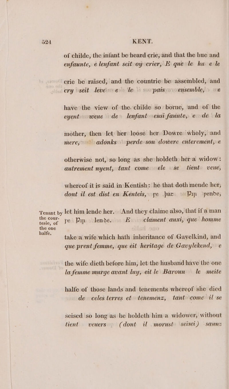 of childe, the infant be heard crie, and that the hue and enfaunte, elenfant seit oy crier, EK que le hu ele crie be raised, and the countrie: be assembled, and Tenant by the cour- tesie, of the one halfe. have the view of the. childe so. borne, and of the eyentweue de lenfant ensi faunte, ede la mother, then let her loose her Dowre wholy, and mere,’ adonks » perde son dowere enterement,.e otherwise not, so long as she: holdeth her'a widow: autrement nyent, tané come ele -se_ trent. veue, whereof it is said in’Kentish: he that doth mende her, dont il est dist en Kenteis, ye pac © Jip -pende, let him lende her. And they claime also, that if a man ye Pip lense. E clament auxi, que homme take'‘a wife which hath inheritance of Gavyelkind, and que prent femme, que eit heritage de Gavylekend, e the wife dieth before him, let the husband have the one la femme murge avant luy, eit le Baroun le meite halfe of those lands and tenements whereof she died de celes terres et tenemenz, tant come il se seised so long as he holdeth him a widower, without tient veuers (dont il morusé seisei) saunz