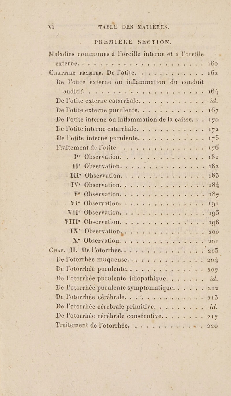 auditif. L] _i L L e L L] e e 0 0 J'raitement de l’otite. re Observation. | IIL° Observation. . IV° Observation. . Vs Observation. . VIe Observation. . X° Observation. . Caar. II. De l’otorrhée.. De l’otorrhée purulente. e L Traitement de l’otorrhée.