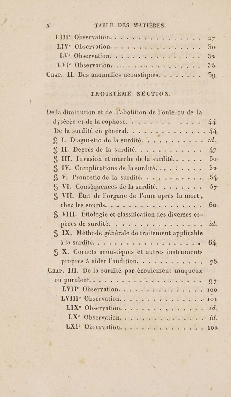 LITE, Qhéervätionsh FA MENTALE ARE FRE A 4 LEV° Observation... 2, CRIME NI MINS LV: Observation. . :,. . . ; LVI° Observation ....:.......:.. A Os di te Cnar. II. Des anomalies acoustiques. . . . . . . . TROISIÈME SECTION. De la diminution et de l'abolition de l’ouie ou de la dysécée et.de la cophose. . . . ... . . $ I. Diagnostic de la surdité. . . . . . . . TS SRG Desres dela surdité me RE RE S III. Invasion et marche de la surdité... . . . . $S IV. Complications de la surdité. .. . : . . …. SAYMPrOnOSHIC dé la surdité. Le Ne. S VI. Conséquences de la surdité. . . . . . . . $ VII. État de l’organe de l’ouïe après la mort, vehez essor SRE rl de ete $ VIIL. Étiologie et classification des diverses es- DÉCÉCUE IS ULOLLERNENR Re Et 2? S IX. Méthode générale de traitement ne 3 19 Sur PL LOT Ve CHANGE FIN ENS S X. Cornets acoustiques et autres instruments proprés ataider l'auditiQnes 4. e ee me Cuar. III. De la surdité par RARES muqueux OU PUrHENT MN NL DES CE ORNE ER LE CRI LVITT ObSenrAUON ES Re MO MA TIRE LVLIE OBSÉPAUON ER Re RO en LEX*. ObSéF TAROT RENE RS RE LX° Observations remets JE NP ve: LAL* Obsertation tem