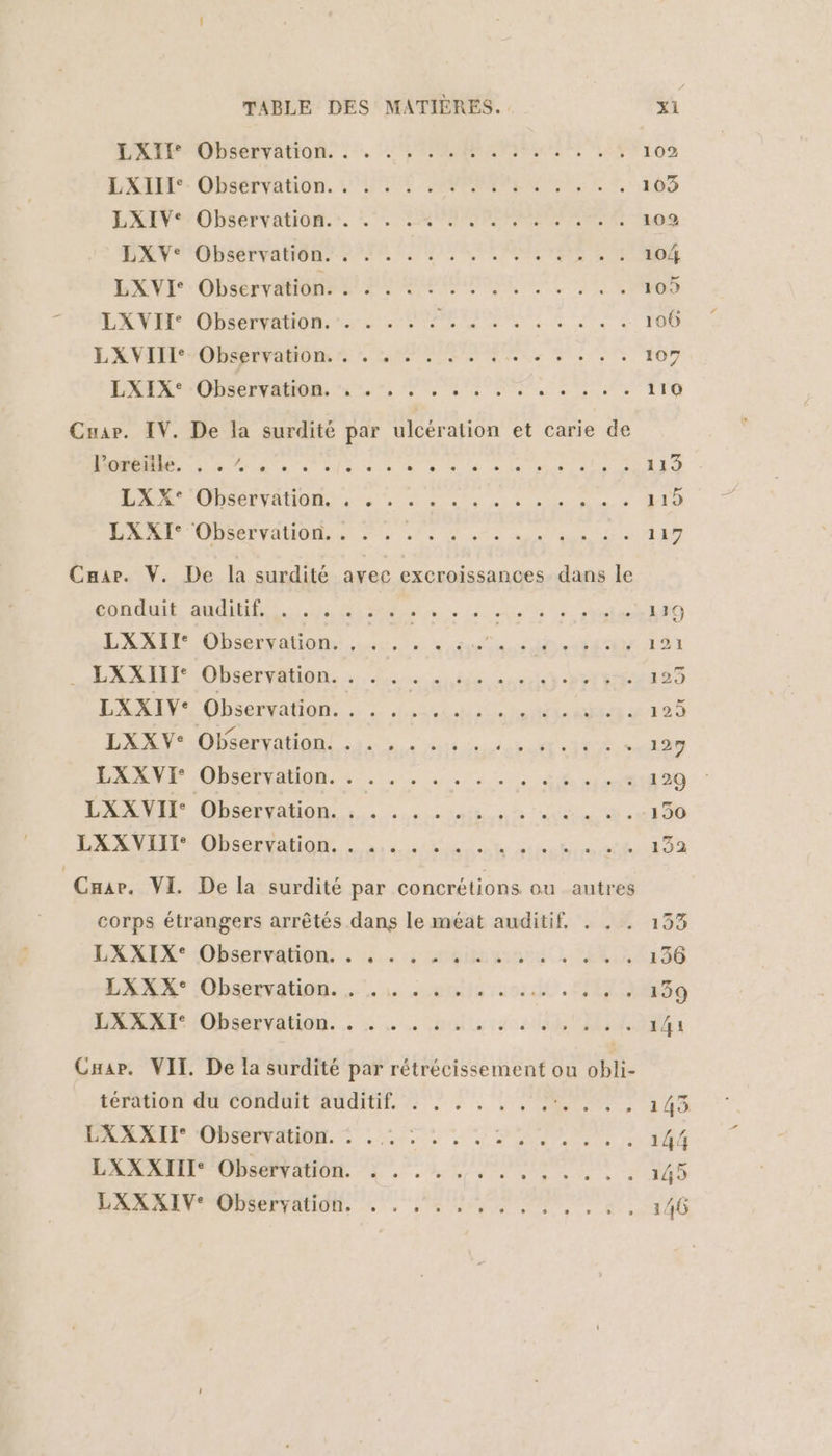PATPAONSNMATIQN. ! 7. TE RIRREM PR ER OLLS 102 LA ODSerVahon. LL OPPAMPEREMN EE 103 LAN Observation. :. EREMEPPPMPENEEENR 102 DAV COPA INTER SRE 104 EXVL Obsérvaiéen 2e aginsnr tr ii 105 LXVH: Obsérration... . 0 SERRE Eee 106 LE VIP 7ObSer TAHOE LENS en 107 PCR QUI ct … SNS NIET TUE 110 Cuar. IV. De la surdité par ulcération et carie de ne à ele 5 DR CMD EN 1193 M OS ET AO a A Ts et pote 4 119 MES DIRE VA HOME Es fe ete un qu Le 117 Crar. V. De la surdité avec excroissances dans le ponduit auditif. 4: 4 Hein le ms ie ES 119 EXAIT, Observation ....1. , ns dot EE 121 LAN ON on.…. nc ne 1 ETES 143 PAIN Obsereations à à Lio Hi ns RE : 125 HT Obrtiianl , n vd « 127 HN :OBSéENAIQuen ... 4.14 4: A 120 LAURE OhServAON. 64 12 oh dit E. 150 LAVER ObsenvabiQn 2 6 hu DE Le re 192 corps étrangers arrêtés dans le méat auditif, . . . 133 LA AIN OBSERVAON.. Si. mp une 6,2 190 FREN henvdtme,. 1 emité ra 0: 0. SAS 139 HA RI M1Observalion... à. … ie 12.204 RU 141 Cuar. VIT. De la surdité par rétrécissement ou obli- tération du conduit auditif. . . . . . .. MT + 140 PPS L'ODIÉRRUMNE. E U POPRNERT 14/ ARE ORSON AM: 120.721 SDEIRMARERREN 145 DARRETOPAPEYNTIdR, 4 CORSA as 146