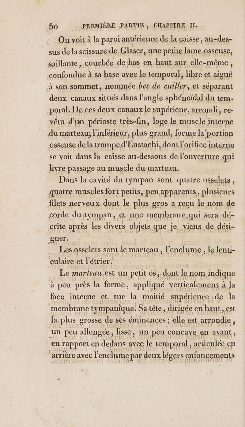 On voit à la paroi antérieure de la caisse, au-des- sus de la scissure de Glaser, une petite lame. osseuse, saillante ; courbée de bas en haut sur elle-même, confondue à à sa base avec le temporal, libre et aiguë à son sommet, nommée.bec de cuiller, et séparant deux canaux situés dans l'angle sphénoïdal du tem- “poral: De ces deux canaux le supérieur, arrondi, re- vêtu d'un périoste très-fin, loge le muscle interne du marteau: l'inférieur, plus grand, forme la’ ‘portion osseuse de la trompe. d'Eustachi, dont l’ orifice i interne se voit dans la caisse au-dessous de l'ouverture qui livre passage au muscle du marteau. Dans la cavité du tympan sont quatre osselets, quatre muscles fort petits,:peu apparents, plusieurs filets nerveux dont le plus gros a recu le nom de corde du! tympan, et: une membrane qui sera dé- | crite après les divers objets que Je. viens . de dési- gner. fes osselets sont le marteau , L enclume Je lenti- culaire et l'étrier. | Le marteau. est un petit os, dont le nom indique à peu près la forme, te verticalement à à la face interne et. sur la moitié supérieure | de la membrane tympanique. Sa tête , dirigée en haut, est Ja. plus grosse de ses éminences ; elle est arrondie, ‘un peu allongée, lisse, un peu concaye en ayant, en rapport en ar avec le temporal, articulée en ‘arrière avec l’ enclume] par &lt; deux légers. enfoncements