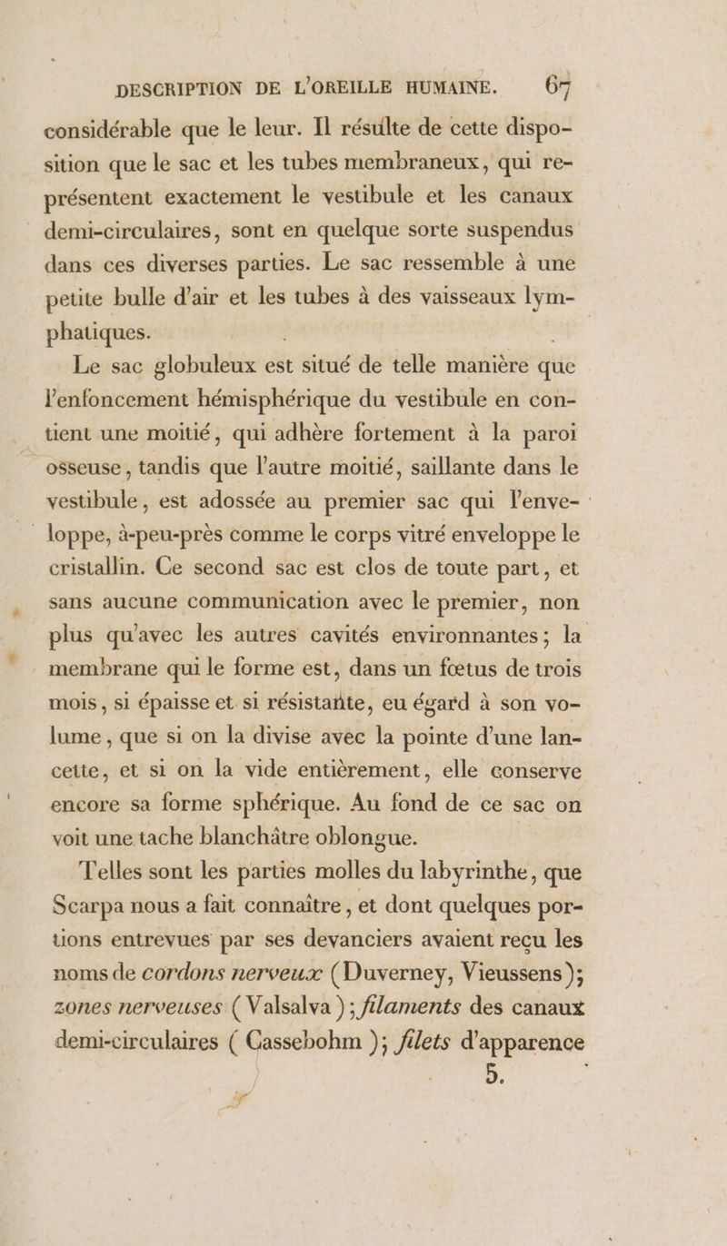 considérable que le leur. Il résulte de cette dispo- sition que le sac et les tubes membraneux, qui re- présentent exactement le vestibule et les canaux demi-circulaires, sont en quelque sorte suspendus dans ces diverses parties. Le sac ressemble à une petite bulle d’air et les tubes à des vaisseaux lym- phatiques. | Le sac globuleux est situé de telle manière que J’enfoncement hémisphérique du vestibule en con- tient une moitié, qui adhère fortement à la paroi osseuse, tandis que l’autre moitié, saillante dans le vestibule, est adossée au premier sac qui lenve- _ loppe, à-peu-près comme le corps vitré enveloppe le cristallin. Ce second sac est clos de toute part, et sans aucune communication avec le premier, non plus qu'avec les autres cavités environnantes; la membrane qui le forme est, dans un fœtus de trois mois , si épaisse et si résistante, eu égard à son vo- lume , que si on la divise avec la pointe d’une lan- cette, et si on la vide entièrement, elle conserve encore sa forme sphérique. Au fond de ce sac on voit une tache blanchâtre oblongue. Telles sont les parties molles du labyrinthe, que Scarpa nous a fait connaître , et dont quelques por- tions entrevues par ses devanciers avaient reçu les noms de cordons nerveux (Duverney, Vieussens ); zones nerveuses (Valsalva ); filaments des canaux demi-circulaires ( Gassebohm ); filets d'apparence D. fr