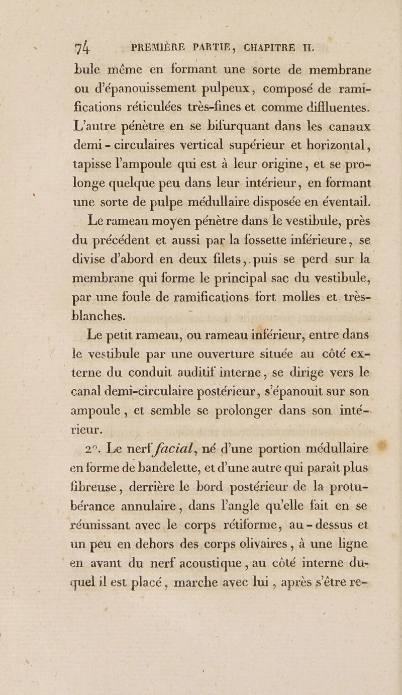 bule même en formant une sorte de membrane ou d’épanouissement pulpeux, composé de rami- fications réuculées très-fines et comme difiluentes. L'autre pénètre en se bifurquant dans les canaux demi - circulaires vertical supérieur et horizontal, tapisse l’ampoule qui est à leur origine, et se pro- longe quelque peu dans leur intérieur, en formant une sorte de pulpe médullaire disposée en éventail. Le rameau moyen pénètre dans le vestibule, près du précédent et aussi par la fossetie inférieure, se divise d’abord en deux filets, puis se perd sur la membrane qui forme le principal sac du vestibule, par une foule de ramifications fort molles et. très- blanches. | Le peut rameau, ou rameau inférieur, entre dans le vesüibule par une ouverture située au côté ex- terne du conduit auditif interne, se dirige vers le canal demi-circulaire postérieur, s’épanouit sur son ampoule , et semble se prolonger dans son inté- rieur. | | 2°, Le nerf facial, né d’une portion médullaire en forme de bandelette, et d’une autre qui paraît plus fibreuse, derrière le bord postérieur de la protu- bérance annulaire, dans l'angle qu'elle fait en se réunissant avec le corps rétiforme, au-dessus et un péu en dehors des corps olivaires , à une ligne en avant du nerf acoustique , au côté interne du- quel il est placé, marche avec lui , après s'être re-