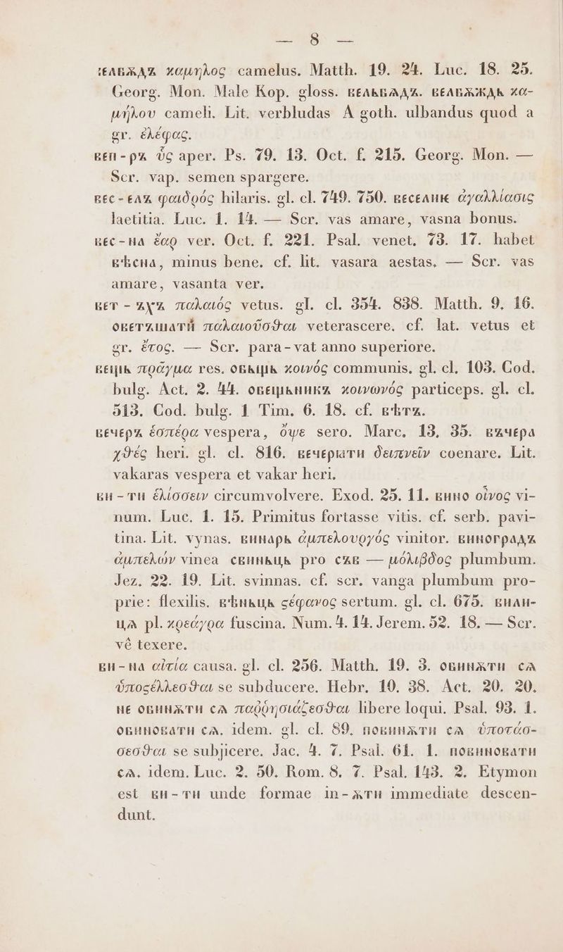 LONE. Lu ABA xGurioc camelus. Matth. 19. 24. Luc. 18. 25. Georg. Mon. Male Kop. gloss. БЕЛЬБАДА. ВЕЛБЖЖДВ ХО- ит оти cameh. Lit. verbludas А goth. ulbandus quod а gr. фас. веп-рл 0G aper. Ps. 79. 13. Oct. Е 215. Georg. Mon. — Scr. vap. semen spargere. REC - EA, фогдодс hilaris. gl. cl. 749. 750. веселик eoo laetitia. Luc. 1. 14. — Scr. vas amare, vasna bonus. вес- на 800 ver. Oct. f. 221. Psal. venet. 73. 17. habet Ehena, minus bene. cf. lit. vasara aestas, — Scr. vas amare, vasanta ver. EET - уд лододс vetus. gl. cl. 354. 838. Matth. 9, 16. оветишатй лодообо йо veterascere, cf. lat. vetus et er. éroc. — Scr. para-vat anno superiore. ваик лодушос res, оБкшк xoióc communis, gl. cl. 103. Cod. bulg. Act. 2. Ц4. оБЕШЬНИКА xovovóg parüceps. gl. cl. 513. Cod. bulg. 1 Tim. 6. 18. cf. вЪтА. вечерд éoztéoe vespera, Още sero. Marc. 13. 35. вчера xy9éc heri. gl. cl. 816. вечерати Ócuzveiv coenare. Lit. vakaras vespera et vakar heri. ви - тн ЕМ0два” circumvolvere. Exod. 25. 11. вино otvoc vi- num. Luc. 1. 15. Primitus fortasse vitis. cf. serb. pavi- tna. Lit. vynas. винарк Cuztekovoyóc vinitor. виноградд дилефв)и vinea свинкьць pro съв — иом8дос plumbum. Jez. 22. 19. Lit. svinnas. cf. ser. vanga plumbum pro- prie: flexilis. вЪнкць сефатос sertum. gl. cl. 679. guan- ua pl.xgecyoo fuscina. Num. 4. 14. Jerem. 52. 18. — Scr. vé texere. EH - на cicic causa. gl. cl. 256. Matth. 19. 3. оБинжти cA Флосе Део с se subducere. Hebr. 19. 38. Act. 20. 20. НЕ ОБИНЖТИ cA ла00тоиабгодо libere loqui. Psal. 93. 1. oegunoEaTH CA, idem. gl. cl. 89, повинжтн са Флотао- ого9сй se subpncere. Jac. 4. 7. Psal. 61. 1. повиновати са. idem. Luc. 2. 50. Rom. 8. 7. Psal. 143. 2. Etymon est EH- TH unde formae in-Aàu immediate descen- dunt.