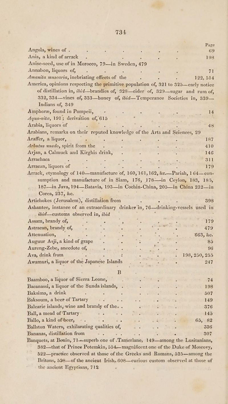 G34 Page Angola, wines of . : : : : ; 2 69 Anis, a kind of arrack . : , ‘ ‘ 198 Anise-seed, use of in Morocco, 79—in Sweden, 479 Annabon, liquors of, , : : : ° ‘ 71 Amanita muscaria, inebriating effects of the ; - : 122, 514 America, opinions respecting the primitive population of, 321 to 325—early notice of distillation in, ibid—brandies of, 328—cider of, 329—-sugar and rum of, 332, 334—vines of, 333—honey of, ihid—Temperance Societies in, 339— Indians of, 349 Amphore, found in Pompeii, - : : : . Bey he Aqua-vite, 1913; derivation of, 615 : titiprities Arabia, liquors of : 2 ° : : : 48 Arabians, remarks on their reputed knowledge of the Arts and Sciences, 29 Araffer, a liquor, ? : ; - : aes 187 Arbutus unedo, spirit from the. : ° bl 410 Arjan, a Calmuck and Kirghis drink, . : - = 146 Arrachaca : ‘ t : ; aa merry, 311 Arracan, liquors of ; ; 179 Arrack, etymology of Lge hannnenite of, 160, 161, 162, ‘ke. eae Teas, 1 64— con- sumption and manufacture of in Siam, 176, 178—-in Ceylon, 183, 185, 187—in Java, 194—Batavia, 193—in Cochin-China, 205—in China 232—in Corea, 237, &c. Artichokes (Jerusalem), distillation from 2 rs : 398 Ashantee, instance of an extraordinary drinker i in, 76——drinking-vessels used in e ibid—customs observed in, ibid Assam, brandy of, sis * ae “3 ae e179 Astracan, brandy of, ae é : ~ eager Th . 479 Attenuation, . ee p : ye! “* es 6638, &e. Auguur Asji,a kind of grape : . = 4 27g 85 Aureng-Zebe, anecdote of, ‘ a et ne : 96 Ava, drink from ; : ie aes 2 LUG os Los Awamuri, a liquor of the Tee Islands Perspilens 2 : 247 7 B Baamboo, a liquor of Sierra Leone, : ae t : 74 Bacanassi, a liquor of the Sundaislands, . : : - 198 Baksima, a drink : : wey : z 507 Baksoum, a beer of Tartary : Be. ah ve ; 149 Balearic islands, wine and brandy of the. . oerteee 2Def ; 376 Ball, a mead of Tartary ee pa , P 145 Ballo, a kind ofvbeer, - . . ° “ 3 ; 65, 82 Ballston Waters, exhilarating qualities of, : . 2 es 336 Bananas, distillation from : ‘ . I ° 307 Banquets, at Benin, 71—-superb one of ‘Tanfier Jane, 149—among the Lusitanians, 382—that of Prince Potemkin, 554—magnificent one of the Duke of Moscovy, 522—practice observed at those of the Greeks and Romans, 525—among the Britons, 528—of the ancient Irish,.608—curious custom observed at those of the ancient Egyptians, 712