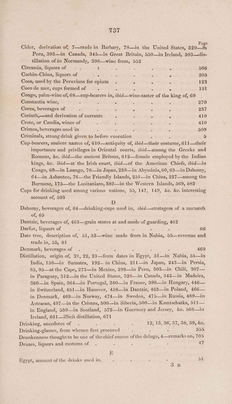 G37 Page Cider, derivation of, 7—made in Barbary, 78~—in the United States, 329—ih Peru, 393—in Canada, 345—in Great Britain, 550——in Ireland, 593—~dis- tillation of in Normandy, 398—-wine from, 552 Circassia, liquors of — . ps nea ee { hi 506 Cochin-China, liquors of iat ere 3 z J 205 Coca, used by the Peruvians for opium . ° . = 123 Coco de mer, cups formed of : ° sae ° 191 Congo, palm-wine of, 68—cup-bearers in, ibid—wine-taster of the king of, 69 Constantia wine, ; ; : ie : . 270 Corea, beverages of ; : : ; ° . 237 Corinth,—and derivation of currants : = a . 410 Crete, or Candia, wines of ; d : % : 410 Crimea, beverages used in é ; é ‘ ‘ 500 Criminals, strong drink given to. before exeeution ‘ : 5 Cup-bearers, ancient names of, 610—antiquity of, ibid—their costume, 611—their importance and privileges in Oriental courts, ibid—among the Greeks and Romans, &amp;c. ibid—the ancient Britons, 612—-female employed by the Indian kings, &amp;c. ibid—at the Irish court, ibid—of the American Chiefs, ibid—in Congo, 68—in Loango, 70—in Japan, 239—in Abyssinia, 60, 63—in Dahomy, 64—-in Ashantee, 76--the Friendly Islands, 25)]—-in China, 227--among the Burmese, 175-—the Lusitanians, 382—-in the Western Islands, 569, 582 Cups for drinking used among various nations, 55, 147, 149, &amp;c. &amp;c. interesting account of, 593 D Dahomy, beverages of, 64—drinking-cups used in, zbid—stratagem of a monarch of, 65 Dantzic, beverages of, 463—grain stores at and mode of guarding, 462 Darfur, liquors of : : : d ‘ : 66 Date tree, description of, 51, 52—-wine made from in Nubia, 55—revenue and trade in, 55, 81 Denmark, beverages of . . : ; : 469 Distillation, origin of, 21, 22, 23—from dates in Hag, 51—in Nubia, 55—in India, 158—in oe 192—.in China, 211—in Japan, 243—in Persia, 85, 95—at the Cape, 273—in Mexico, 298—in Peru, 303—in Chili, 307— in Paraguay, 312—in the United States, 328—in Canada, 343—in Madeira, 360—in Spain, 364—in Portugal, 380—in France, 398—in Hungary, 446— in Switzerland, 451—in Hanover, 458—in Dantzic, 463—in Poland, 466— in Denmark, 469--in Norway, 474--in Sweden, 475—in Russia, 489—in Astracan, 497——in the Crimea, 500—-in Siberia, 500—-in Kamtschatka, 511—— in England, 559—in Scotland, 572—in Guernsey and Jersey, &amp;c. 568—in Treland, 631— illicit distillation, 671 Drinking, anecdotes of 12, 13, 36, 37, 38, 39, &amp;c. Drinking-glasses, from whence first procured é ‘ . 555 Drunkenness thought to be one of the chief causes of the deluge, 4—remarks on, 705 Druzes, liquors and customs of . ‘ : : . AT K Egypt, account of the drinks used in, F , ; ; 51