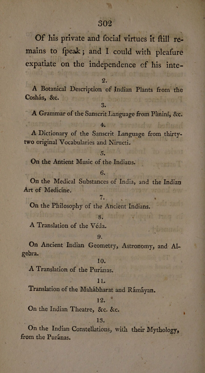 Of his private and focial virtues ft flill re- mains to fpeak; and I could with pleafure expatiate on the independence of his inte- 2. A Botanical Description of Indian Plants from the Coshas, &amp;c. Qe A Grammar of the Sanscrit Language from Panini, &amp;e. 4, | iy | n Dictionary of the Sanscrit Language ane thirty- two original Vocabularies and Niructi. ) 5. On the Antient Music of the Aadisto. 6. On the Medical Substances of ape and the Indian Art of Medicine. is re : : On the Philosophy of the Ancient Indians. ' ft 8. o Z A Translation of the Véda. 7 9. | On Ancient Indian Geometry, Astronomy, and’ Al- | gebra. 10. - A Translation of the Puranas. | : IL. Translation of the Mahabharat and Ramfyan. | 1Qeres On the Indian Theatre, &amp;c. &amp;c. , 13. On the Indian Constellaied, with their Mythology, from the Puranas.