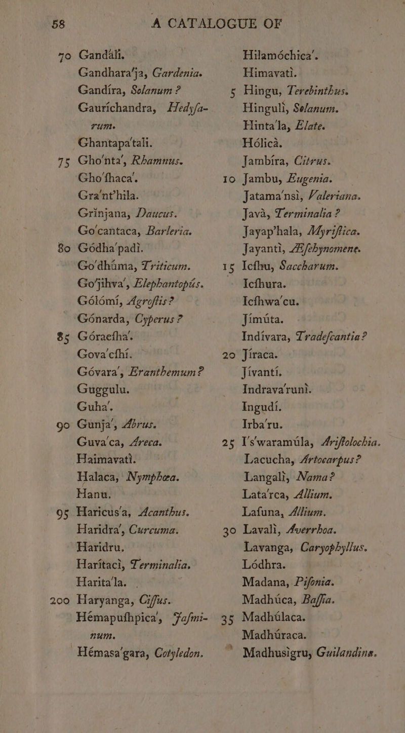 1s 80 85 go 95 200 Gandali, Gandhara’ja, Gardenia. Gandira, Solanum ? Gaurichandra, [Hed)/a- rum. Ghantapa'tali. Gho'nta’, Rhamnus. Gho'fhaca’. Gra'nt’hila. Grinjana, Daucus. Go'cantaca, Barleria. Godha padi. Go'dhama, Triticum. Go’jihva’, Elephantopis. Goélémi, Agroftis ? Gonarda, Cyperus ? Goraefha’. Gova'cfhi. Govara, Eranthemum? Guggulu. Guha’. Gunja’, Abrus. Guva'ca, 4reca. Haimavati. Halaca, Nymphea. Hanu. Haricus'a, Acanthus. Haridra’, Curcuma. Haridru. Haritaci, Terminalia. Haritala. . Haryanga, Cifus. Hemapufhpica, ‘Fa/mi- num. - Hémasa’gara, Cotyledon. Io tS 29 25 30 35 Hilaméchica’. Himavati. Hingu, Terebinthus. Hinguli, Selanum. Hinta la, E/ate. Holica. Jambira, Citrus. Jambu, Eugenia. Jatama'’nsi, Valertana. Java, Terminalia ? Jayaphala, A4yjriftica. Jayanti, A/ehynomene. Icfhu, Saccharum. Icthura. Icfhwa’cu. Jimtuta. Indivara, Tradefcantia? Jiraca. Jivanti, Indrava runt. Ingudi. Irba'ru. I's‘waramula, Ariftolochia. Lacucha, Artocarpus? Langali, Nama? Lata'rca, Allium. Lafuna, M/ium. Lavali, Averrhoa. Lavanga, Caryophyllus. Lédhra. Madana, Pifonia. Madhtca, Baffia. Madhilaca. Madhtraca.