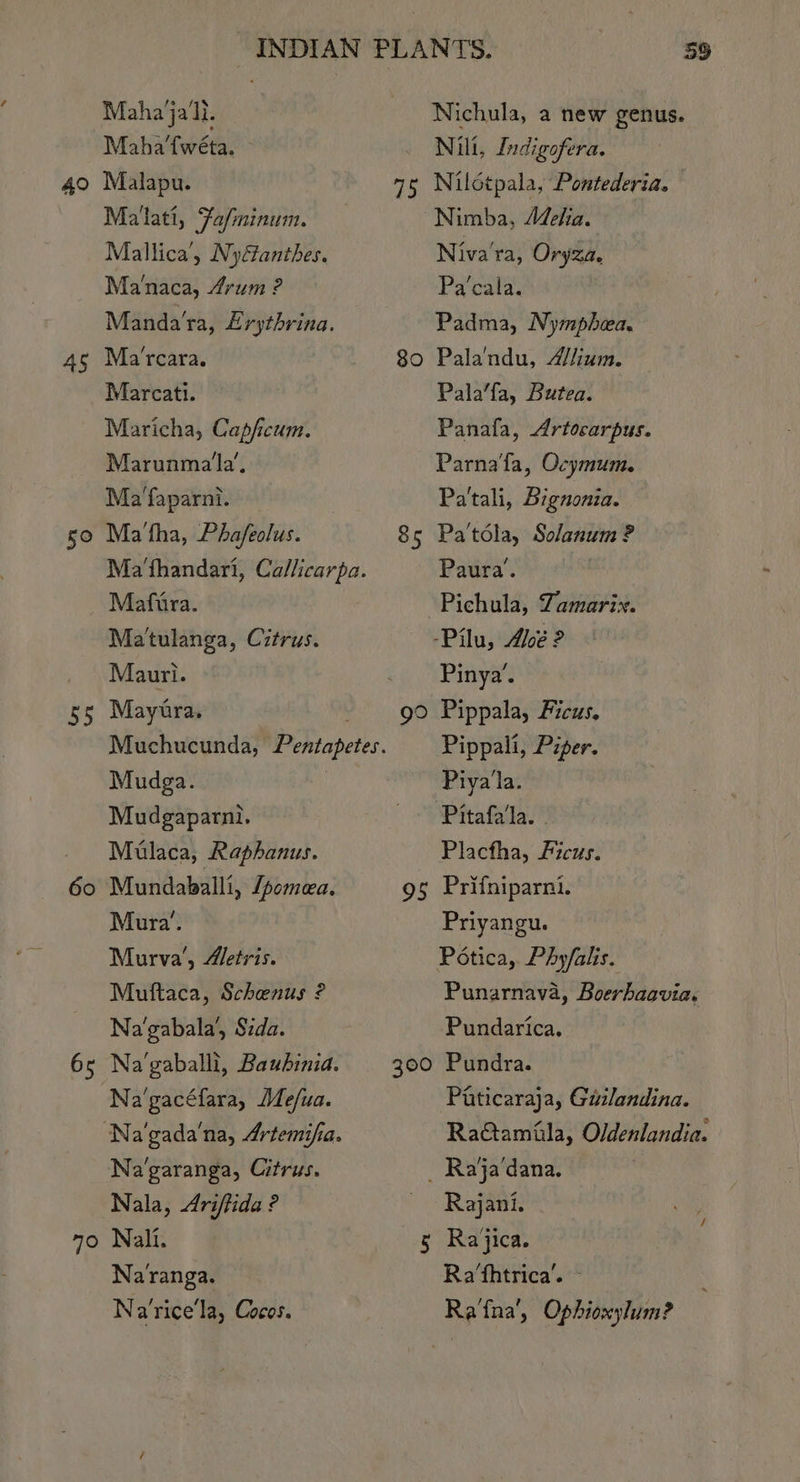 49 45 50 55 60 65 Maha ja'li. Maha’fwéta. Malapu. Mallat, Fa/minum. Mallica’, Nyéanthes. Ma'naca, Arum ? Manda'ta, Erythrina. Ma'rcara. Marcati. Maricha, Capficum. Marunmala’, Ma faparni. Ma'fha, Phafeolus. Ma ‘thandari, Callicarpa. Mafura. Ma'tulanga, Citrus. Mauri. Maytra, . Muchucunda, Pentapetes. Mudga. . Mudgaparni. Mulaca, Raphanus. Mura’. Murva’, 4etris. Muftaca, Schenus ? Na'gabala’, Sida. Na’gaballi, Bauhinia. Na’gacéfara, Mefua. Na’garanga, Citrus. Nala, Ariffida ? Nali. Na 'ranga. Navice‘la, Cocos. 95 59 Nichula, a new genus. Nili, Indigofera. Nilctpala, Pontederia. ~Nimba, AZeha. Niva'ra, Oryza. Pa cata. Padma, Nympbeea. Palandu, “ium. Pala’fa, Butea. Panala, Artocarpus. Parna‘fa, Ocymum. Pa'tali, Bignonia. Pa'téla, Solanum ? Paura’. Pichula, Tamarix. -Pilu, Ave ? Pinya’. Pippala, Ficus, Pippali, Piper. Piya'la. Pitafaila:” Plactha, Ficus. Prifniparni. Priyangu. Potica, Phy/alis. Punarnava, Boerhaavia. Pundarica. Pundra. Puticaraja, Gailandina. Ra@tamiila, Oldenlandia. 5 Rajani. Rajica. Ra’thtrica’. - Ra‘fna’, Ophioxylum?