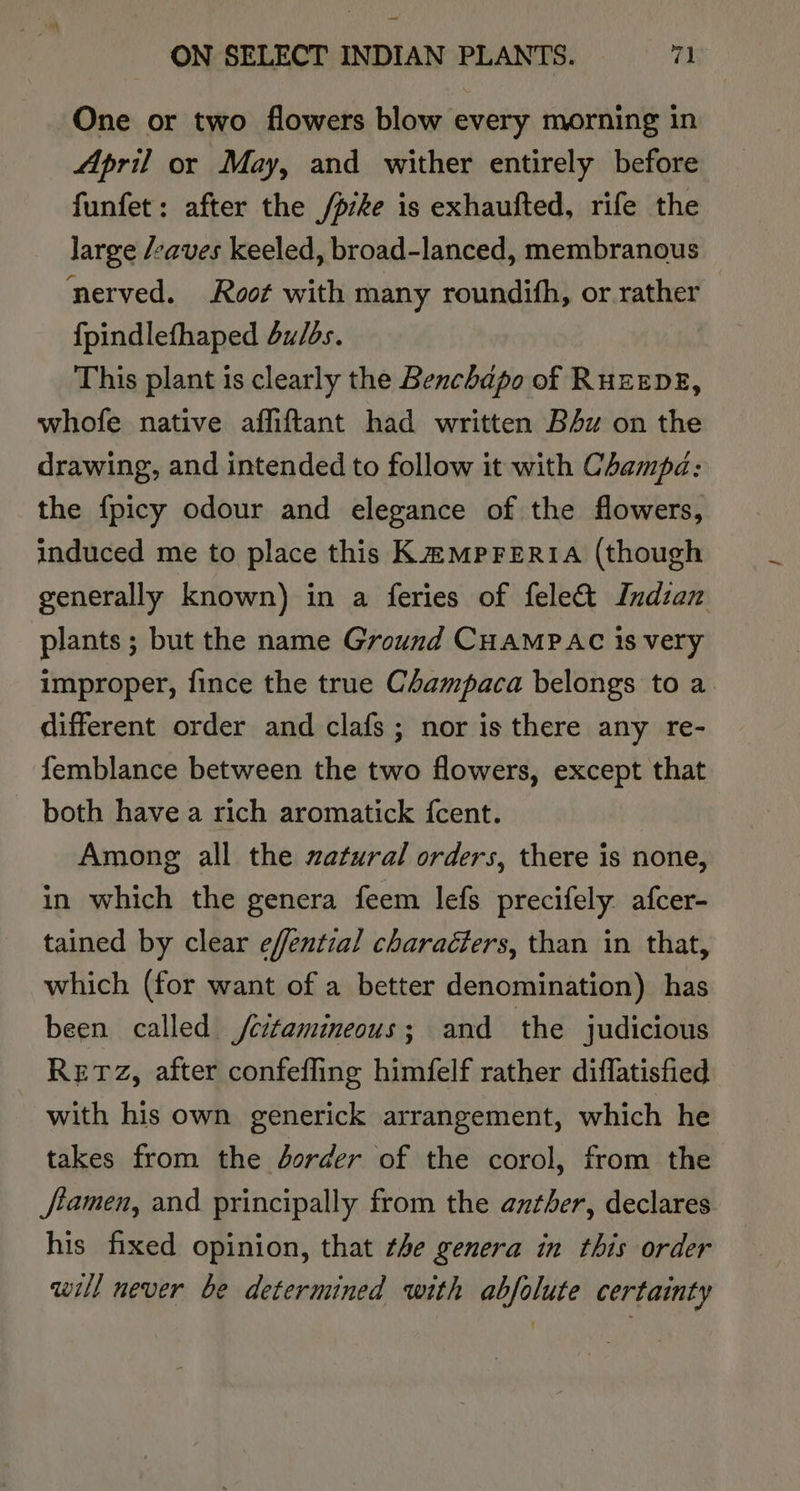 One or two flowers blow every morning in April or May, and wither entirely before funfet: after the /pike is exhaufted, rife the large /zaves keeled, broad-lanced, membranous nerved. Root with many roundifh, or rather fpindlefhaped 4u/bs. This plant is clearly the Benchdpo of RuHEEDE, whofe native affiftant had written B4z on the drawing, and intended to follow it with Champa: the {picy odour and elegance of the flowers, induced me to place this Km@MpFERIA (though generally known) in a feries of fele&amp;&amp; Indian plants ; but the name Ground CHAMPAC 1s very improper, fince the true Champaca belongs to a. different order and clafs; nor is there any re- femblance between the two flowers, except that both have a rich aromatick fcent. Among all the atural orders, there is none, in which the genera feem lefs precifely. afcer- tained by clear efential charaéters, than in that, which (for want of a better denomination) has been called /citamineous; and the judicious ReETzZ, after confefling himfelf rather diffatisfied with his own generick arrangement, which he takes from the Jorder of the corol, from the jtamen, and principally from the anther, declares his fixed opinion, that the genera in this order will never be determined with abfolute certainty