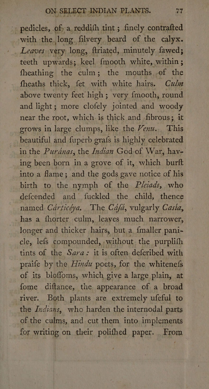 pedicles, of a.reddifh tint ; finely contrafted _-with -the. Jong. filvery, beard of the calyx. teeth upwards; keel {mooth white, within ; fheathing the culm; the mouths of the fheaths thick, fet with white hairs. Culm above twenty feet high ; very {mooth, round and light ; more clofely jointed and woody near the root, which. is thick and fibrous; it grows in large clumps, like the Venu. This beautiful and fuperb grafs is highly celebrated in the Puranas, the Indian God of War, hav- ing been born in a grove of it, which burft into a fame; and the gods gave notice of his birth to the nymph of the P/eads, who defcended and fuckled the child, thence named Cérticéya. The Cé/é, vulgarly Casta, -has a fhorter culm, leaves much narrower, longer and thicker hairs, but a {maller pani- cle, lefs compounded, , without. the purplith tints of the Sara: it is often defcribed with praife by the Hindu poets, for the whitenefS of its blofloms, which give a large plain, at fome diftance, the appearance of a_ broad river, Both plants are extremely ufeful to the Indians, who harden the internodal parts of the culms, and cut them into implements for writing on their polifhed paper. From