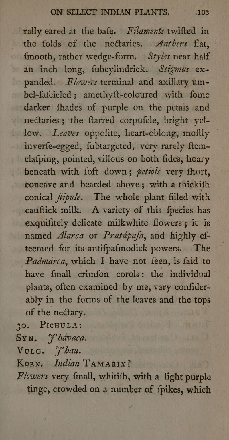 rally eared at the bafe. Filaments twifted in the folds of the nedtaries. .Anthers flat, fmooth, rather wedge-form. Sry/es near half an inch long, fubcylindrick. Stzgmas ex- panded. F/owers terminal and axillary um- bel-fafcicled ; amethy{t-coloured with fome darker fhades of purple on the petals and nectaries; the ftarred corpufcle, bright yel- low. Leaves oppofite, heart-oblong, moftly | inverfe-eggeed, fubtargeted, very rarely ftem- clafping, pointed, villous on both fides, hoary beneath with foft down; petzo/s very fhort, concave and bearded above; with a thickith conical /izpule. The whole plant filled with cauftick milk. A variety of this fpecies has exquifitely delicate milkwhite flowers; it is named larca or Pratapafa, and highly ef- teemed for its antifpafmodick powers. The Padmérca, which I have not feen, is faid to have fmall crimfon corols: the individual plants, often examined by me, vary confider- ably in the forms of the leaves and the tops of the nedtary, gow) PicHp Dad Syn. S’havaca. Vutec. fbau. Korn. Indian Tamarix? Flowers very {mall, whitifh, with a light purple tinge, crowded on a number of {pikes, which