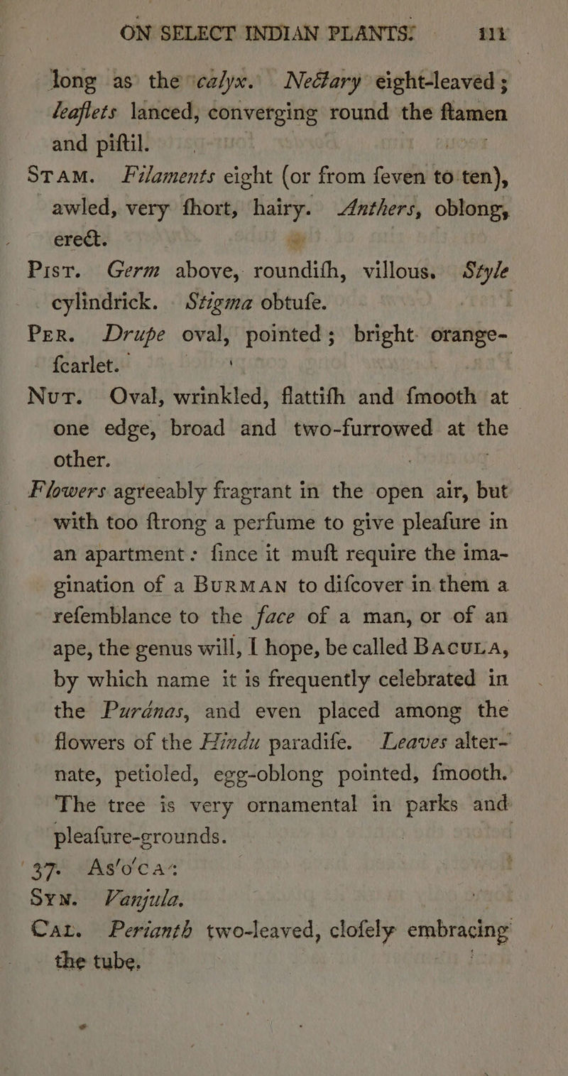 tong as the calyx. Neéary eight-leaved ; leaflets lanced, converging round the ftamien and piftil. ine STAM. Filaments eight (or from {even to ten), awled, very fhort, hairy. Anthers, oblong, erect. i Pist. Germ above, roundith, villous. mse cylindrick. | Stigma obtufe. | Per. Drupe — pointed; bright orange- {carlet. | Nur. Oval, wrinkled, flattifh and filededs atl one edge, broad and two-furrowed at the other. Flowers agreeably fragrant in the open air, but with too {trong a perfume to give pleafure in an apartment: fince it muft require the ima- gination of a BurMAN to difcover in them a refemblance to the face of a man, or of an ape, the genus will, I hope, be called Bacuta, by which name it is frequently celebrated in the Purdnas, and even placed among the flowers of the Hindu paradife. Leaves alter~ nate, petioled, egg-oblong pointed, fmooth. The tree is very ornamental in parks and pleafure-grounds. | SRE MRSC as Syn. Vanjula. | Car. Perianth two-leaved, clofely cine Ter the tube.