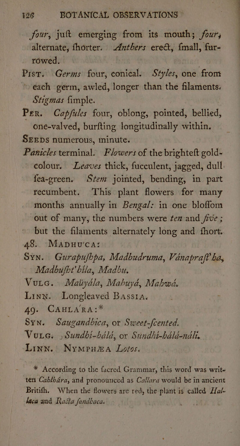 four, juft emerging from its mouth; four; alternate, fhorter. Anthers ere&amp;t, {mall, fur- rowed. | | Prst. Germs four, conical. Styles, one from éach germ, awled, longer than the filaments. Stigmas fimple. Per. Cap/ules four, oblong, pointed, bellied, ~ one-valved, burfting longitudinally within. SEEDs numerous, minute. Panicles terminal. Flowers of the brighteft gold- fea-green. Stem jointed, bending, in part recumbent. This plant flowers for many months annually in Benga/: in one bloflom out of many, the numbers were fem and jive ; but the filaments alternately long and fhort. 48. Mapuu'ca: Syn. Gurapufhpa, Madbudruma, Vaénapraft ha, Madbufht bila, Madbu. Vutc. Maiiydla, Mahuyd, Mabwe. Linn. Longleaved Bassia. .  49. CAHLARA:* Syn. Saugandbica, ot Sihag -fcented. Vue. .Sundbi-bald, or Sundhbbaldendl Linn.) Nympua Lotos * “According to the facred Grammar, this word was writ~ ten Cablhdra, and pronounced as Callara would be in ancient Britifh. When the flowers are red, the plant is called Hal- : haca and Rada fandbaca.