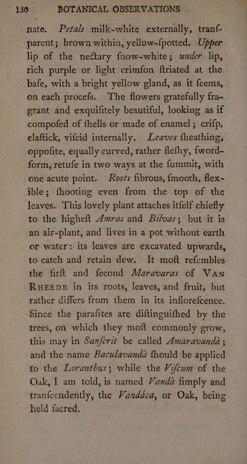 nate. Petals milk-white externally, tranf- parent; brown within, yellow-{potted. Upper lip of the nedtary fnow-white; uzder lip, ~ rich purple or light crimfon ftriated at the bafe, with a bright yellow gland, as it feems, on each procefs.. The flowers gratefully fra- grant and exquifitely beautiful, looking as if compofed of fhells or made of enamel ; crifp, elaftick, vifcid internally. Leaves fheathing, oppofite, equally curved, rather flefhy, {word- form, retufe in two ways at the fummit, with one acute point. Roots fibrous, fmooth, flex- ible; fhooting even from the top of the leaves. This lovely plant attaches itfelf chiefly to the higheft Amras and Bil/vas; but it is an air-plant, and lives in a pot without earth or water: its leaves are excavated upwards, to catch and retain dew. It moft refembles the firft and fecond Maravaras of Van RHEEDE in its roots, leaves, and fruit, but rather differs from them in its inflorefcence. Since the parafites are diftinguifhed by the trees, on which-they moft commonly grow, this may in Sanferit be called Amaravanda ; and the name Baculavanda fhould be applied to the Loranthus; while the Vifeum of the Oak, I am told, is named Vanda fimply and - tranfcendently, the Vanddca, or Oak, being held facred.
