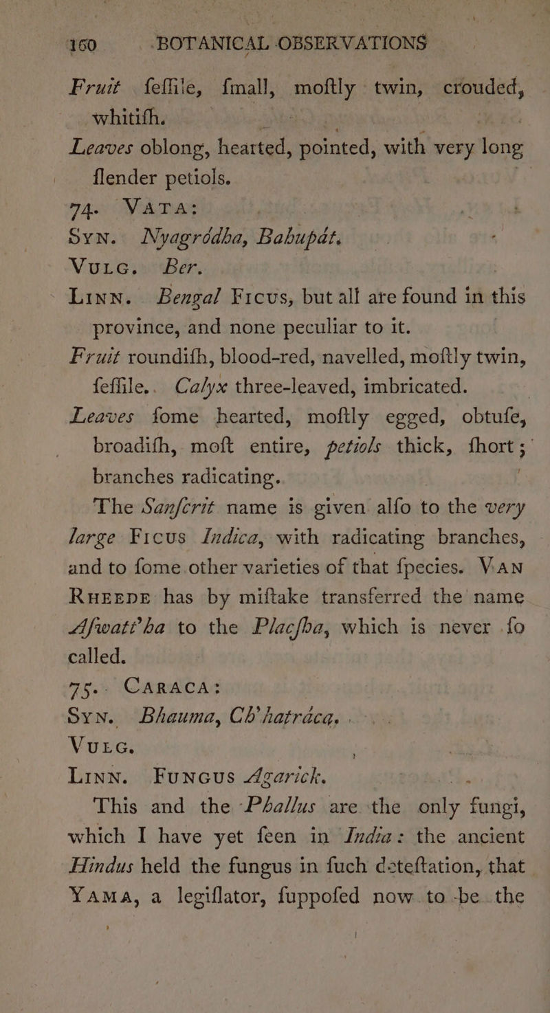 Fruit felliie, fmall, moftly twin, eed, whitith. Leaves oblong, hearted, pointed, with very long flender petiols. 7 ta &lt;i als | Syn. Nyagrédha, Babupde. VueLeiui Ben Linn. Bengal Ficus, but alt are found in shis province, and none peculiar to it. | Fruit roundith, blood-red, navelled, moftly twin, feffile.. Ca/yx three-leaved, imbricated. | Leaves fome hearted, moftly egged, obtufe, broadifh, moft entire, pefzo/s thick, hoy; ! branches radicating. The Sanfcrit name is given alfo to the very large Ficus Indica, with radicating branches, and to fome other varieties of that fpecies. Van RuHEEDE has by miftake transferred the name Afwat?ha to the Placfha, which is never fo called. 75.. CARACA:? Syn. Bhauma, Ch’hatraca. | VUEG. Linn. Funous 4garick. This and the P4allus are the aay ee) which I have yet feen in India: the ancient Hindus held the fungus in fuch deteftation, that YAMA, a legiflator, fuppofed now.to -be the |