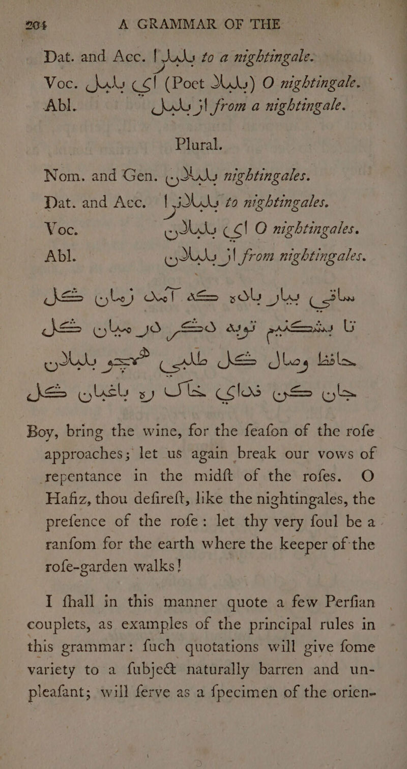 Dat. and Acc. Face to a mghtingale. Voc. Saks CS! (Poet Ss) O nightingale, Abl. Ws jl from a fel ea Plural. Nom. and Gen. (Xs nightingales. “Dat. and Ace. { iH to nightingales. Voc. EWWs CC! O nightingales. Abl. Cys jl from nightingales. AE Ele) Ael 0&amp; sdb Shy ra ol ae? ae Je Jay Lasla. Boy, bring the wine, for the feafon of the rofe_ approaches; let us again break our vows of repentance in the midft of the rofes. O Hafiz, thou defireft, like the nightingales, the prefence of the rofe: let thy very foul be a. ranfom for the earth where the keeper of the rofe-garden walks! | I fhall in this manner quote a few Perfian couplets, as examples of the principal rules in this grammar: fuch quotations will give fome variety to a fubje@ naturally barren and un- pleafant; will ferve as a {pecimen of the orien-