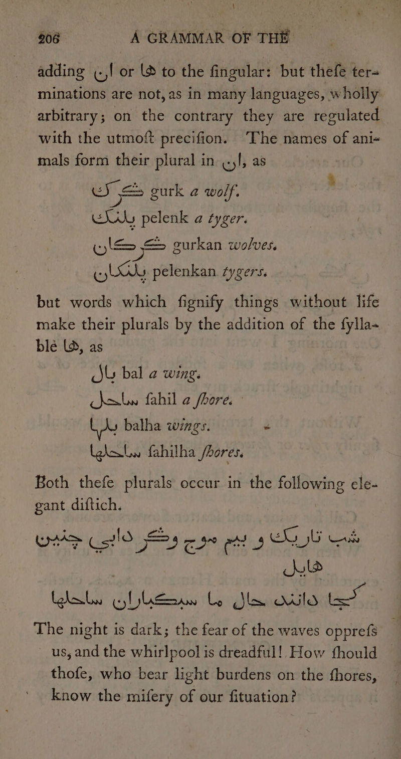 adding «,! or (® to the fingular: but thefe ter- minations are not, as in many languages, wholly arbitrary; on the contrary they are regulated with the utmoft precifion. The names of ani- mals form their plural in ..,I, as CS = gurk a wolf. CAG pelenk a tyger. ‘ phe. wi gurkan wolves. % LAL pelenkan tygers. but words which fignify things without life make their plurals by the addition of the fylla- blé (9, as jl bal a wing. cheba fahil a fhore. Lay balha wings. - Lge. fahilha /hores. Both thefe plurals occur in the following ele- gant diftich. wrade (51S 5 yo att COU os his Llaly jpheeaw be Sa alo LS, The night is dark; the fear of the waves opprefs us, and the whirlpool is dreadful! How fhould — thofe, who bear light burdens on the fhores, know the mifery of our fituation?