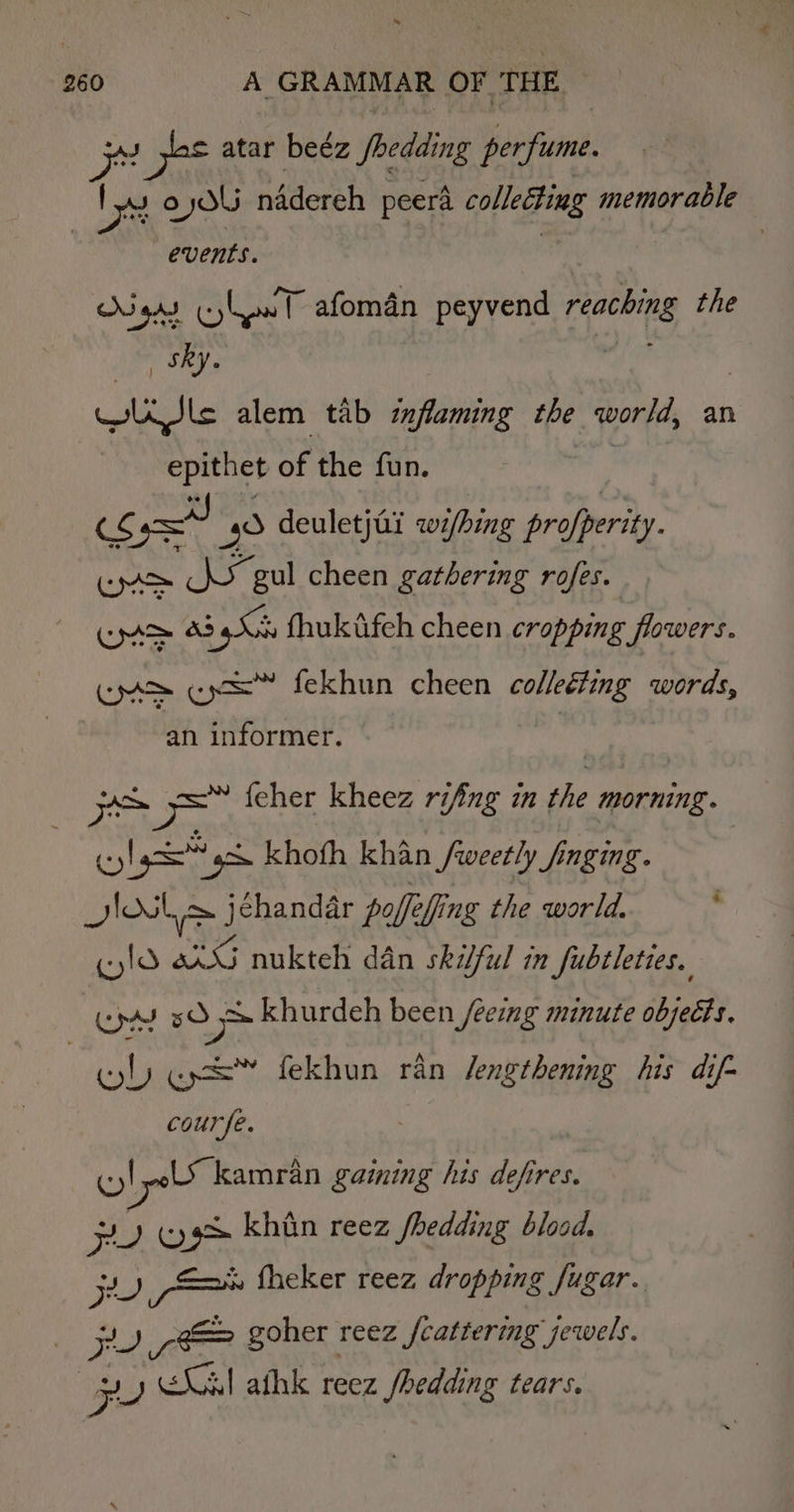 atar beéz shedding perfume. | ee od nddereh peerd collecting memorable | events. Nigar (yw afoman peyvend prachins the SRY. | Wile alem tab inflaming the world, an i of the fun. CS oon 0 deuletjai wifbing to Cr SS gul cheen gathering rofes. on 34S fhukifeh cheen cropping flowers. Gas cys fekhun cheen colleéting words, an informer. ey Bnet feher kheez rifing in the morning. wylgs ge Khofh khan Sweetly fi inging. Jost jéhandar poffefing the world, wld axG nukteh dan ski Yul in fubtleties. pas yO khurdeh been /eeing minute objects. wl gy fekhun ran lengthening his dif- courfe. Ly kamran gaining his defires. Pe Uy (yg khiin reez shedding blood. = fheker reez dropping fugar. y = SF goher reez fcattering jewels. Le, GCS! athk reez Paes tears.