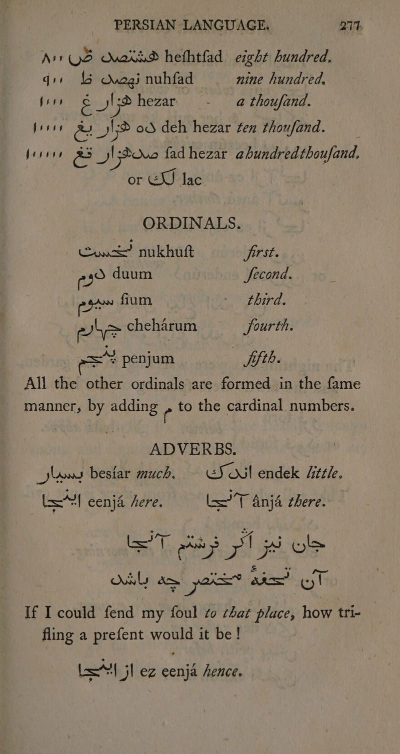 Aire eucted hefhtfad eight hundred, gis 5 Ovegi nuhfad nine hundred. jit J|;2 hezar - a thoufand. free es SX o3 deh hezar ten thoufand. frsvye rons J) ;Pove fad hezar ahundredthoufand, or Gg lac ORDINALS. Conk?! nukhutt first. 03° duum Second. ra fium ¥ third. y= cheharum fourth. ro penjum fifth. All the other ordinals are formed in the fame manner, by adding ° to the cardinal numbers. ADVERBS. | _jlanag besiar much. CS oul endek Zizzle, (=~! eenja here. l—’T Anijd there. ¢ J ¢ J : By WG ae ado Yin, She eS + insite! Ke” gat | 1 Ao pas sity If I could fend my foul zo chat place, how trie fling a prefent would it be! l='| jl ez eenja hence.