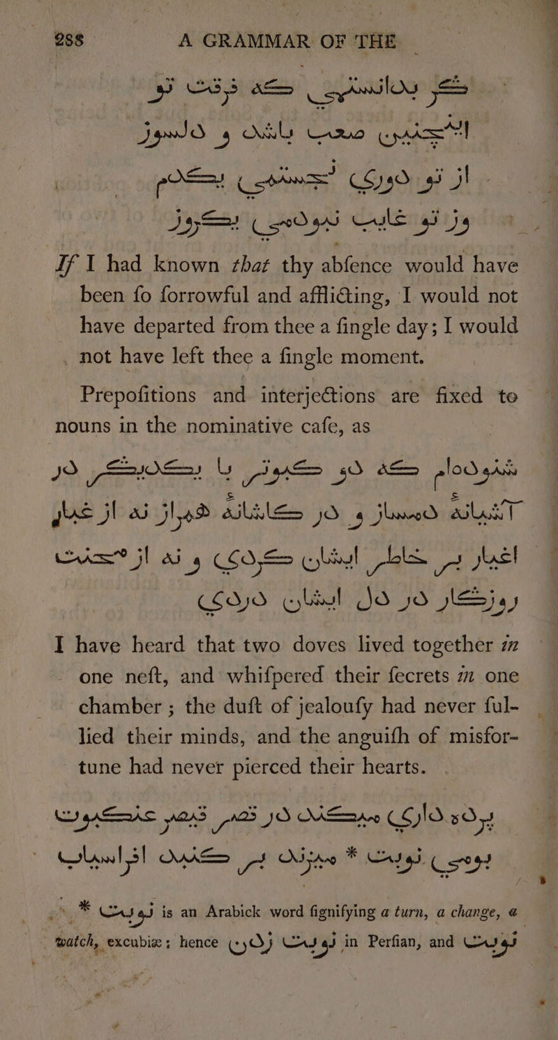 yes as a iwsiloy ja jyd 4 db ore cesta pOSSt Lotus” 690 9 J agg SA ord cl ad If I had known shat thy abfence would have been fo forrowful and afflicting, I would not have departed from thee a fingle day; I would not have left thee a fingle moment. Prepofitions and interjections are fixed te nouns in the nominative cafe, as JO pS: Ly Lips= 50 6 plod gat SYD bul Jd jd jleSsjqy I have heard that two doves lived together zz one neft, and whifpered their fecrets 7 one chamber ; the duft of jealoufy had never ful- lied their minds, and the anguith of misfor- tune had never pierced their hearts. CI GATSAAS Wad 123 JO ae GI1d.sd53 | watch, excubia ; hence yO yy yg in Perfian, and Lag an