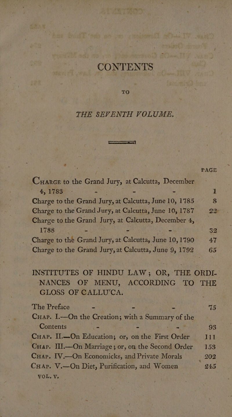 CONTENTS TO THE SEVENTH VOLUME. « Cuance to the Grand Jury, at Calcutta, December 4,1783 3 a | Charge to the Grand Jury, at Calcutta, June 10, 1785 Charge to the Grand Jury, at Calcutta, June 10, 1787 Charge tothe Grand Jury, at Calcutta, December 4, oy. gues rd AN Charge to the Grand Jury, at Calcutta, June 10, 1790 GLOSS OF CALLU’CA. The Preface os v o Contents - - shy oe Cuap. II.—On Bue 6 or, on the First Order Cuap. III.—On Marriage ; or, on the Second Order Cuap. TV.—On Economicks, and Private Morals CuHap. V.—On Diet, Purification, and Women | VOL, V.