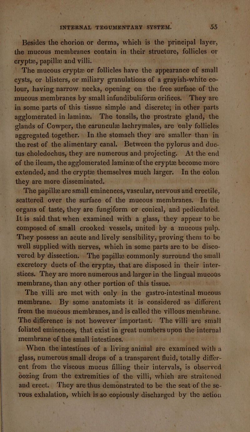 Besides the chorion or derma, which is the principal layer, the mucous membranes contain in their structure, follicles or crypte, papille and villi. | The mucous crypte or follicles have thes appearance of sinall eysts, or. blisters, or miliary granulations of a grayish-white co- lour, having narrow necks, opening on the ‘free surface of the mucous membranes by’small infundibuliform orifices. They are in some parts of this tissue simple and discrete; in other parts agglomerated in lamine. The tonsils, the prostrate gland, the glands of Cowper, the carunculze lachrymales, are only follicles ageregated together.» In .the stomach they are smaller than in the rest of the alimentary canal. Between the pylorus and duc- tus choledochus, they are numerous and projecting. At the end of the ileum, the agglomerated laminz of the eryptz become more extended, and the crypt themselves eine larger. In the colon they are more disseminated. The papillz are small eminences, vascular, nervous and erectile, scattered over the surface of the mucous membranes. ‘In the It is said that when examined with a glass, they appear to be composed of small crooked vessels, united by a mucous pulp. They possess an acute and lively sensibility, proving them to be well supplied with nerves, which in some parts are to be disco- vered by dissection. The papillee commonly surround the small excretory ducts of the erypte, that are disposed in their inter- stices. They are more numerous and larger in the lingual mucous membrane, than any other portion of this tissue. The yilli are met with only in the pulsatile nas membrane. By some anatomists it is considered as different from the mucous membranes, and is called the villous membrane. The difference is not however important. The villi aré small foliated eminences, that exist in great Prone upon i Ajith membrane of the small intestines. : When the'intestines of a living animal are examined with a glass, numerous small drops of a transparent fluid, totally differ- ent from the viscous mucus filling their intervals, is observed oozing from ‘the extremities of the villi, whieh are straitened and erect. They are thus demonstrated to be the seat of the se- rous exhalation, which is so copiously discharged by the action ‘