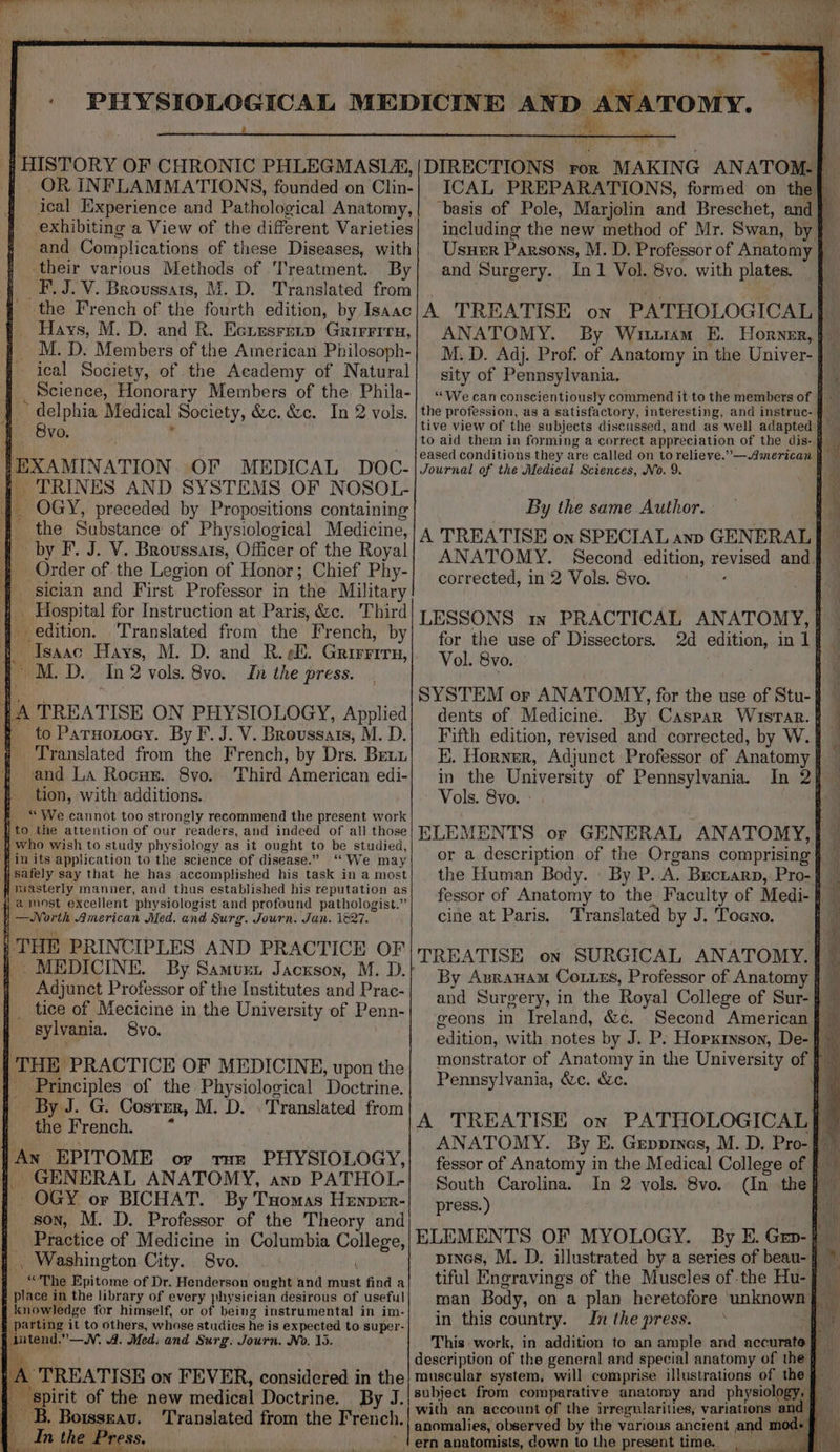 and Complications of these Diseases, with their various Methods of Treatment. By _F.J.V. Broussats, M.D. Translated from i} the French of the fourth edition, by Isaac _ Hays, M. D. and R. Ecresretp Grirriru, | M.D. Members of the American Philosoph- | ical Society, of the Academy of Natural __ Science, Honorary Members of the Phila- ~~ delphia Medical Society, &amp;c. &amp;c. In 2 vols. 8vo. [exarvaTion OF MEDICAL DOC- qf TRINES AND SYSTEMS OF NOSOL- { OGY, preceded by Propositions containing #4 the Substance: of Physiological Medicine, | by F. J. V. Broussars, Officer of the Royal Order of the Legion of Honor; Chief Phy- qf sician and First Professor in the Military 1 . Hospital for Instruction at Paris, &amp;c. Third edition. Translated from the French, by Isaac Hays, M. D. and R.¢E. Grirrirn, * M.D. In 2 vols. 8vo. In the press. La TREATISE ON PHYSIOLOGY, Applied § to Paruozoay. By F. J. V. Broussats, M. D. _ Translated from the French, by Drs. Benz and La Rocux. 8vo. Third American edi- tion, with additions. f =“ We cannot too strongly recommend the present work ito the attention of our readers, and indeed of all those » who wish to study physiology as it ought to be studied, Ain its application to the science of disease.” ‘We may Hsately say that he has accomplished his task in a most # niasterly manner, and thus established his reputation as |) a most excellent physiologist and profound pathologist.” ! —North American Med. and Surg. Journ. Jan, 1827. f THE PRINCIPLES AND PRACTICE OF # MEDICINE. By Samunt Jackson, M. D. 7 Adjunct Professor of the Institutes and Prac- i tice of Mecicine in the University of Penn- sylvania. 8vo. |THE PRACTICE OF MEDICINE, upon the { Principles of the Physiological Doctrine. By J. G. Costmr, M. D. . Translated from the French. ~* ren, EPITOME or tHe PHYSIOLOGY, GENERAL ANATOMY, ano PATHOL- OGY or BICHAT. By Tuomas Henper- son, M. D. Professor of the Theory and Practice of Medicine in Columbia Pat _ Washington City. 8vo. “The ipitoms of Dr. Henderson ought and must finda f place in the library of every physician desirous of useful f knowledge for himself, or of being instrumental in im- § parting it to others, whose studies he is expected to super- utend.”—N, 4. Med: and Surg. Journ. No. 15. TREATISE on FEVER, considered in the spirit of the new medical Doctrine. By J. B. Borssrav, Translated from the French. and Surgery. In 1 Vol. 8vo. with plates. A TREATISE on M. D. Adj. Prof. of Anatomy in the Univer- sity of Pennsylvania. the profession, as a satisfactory, interesting, and instruc- Journal of the Medical Sciences, No. 9. By the same Author. corrected, in 2 Vols. 8vo. Vol. Bvo. dents of Medicine. Fifth edition, revised and corrected, by W. Vols. 8vo. - or a description of the Organs comprising cine at Paris. Translated by J. Toano. geons in Ireland, &amp;c. Pennsylvania, &amp;ec. &amp;c. South Carolina. In 2 vols. 8vo. press. ) in this country. In the press. This work, in addition to an ample and accurate ag . Z hg we with an account of the irregularities, variations an sasiialiclé observed by the various ancient and no