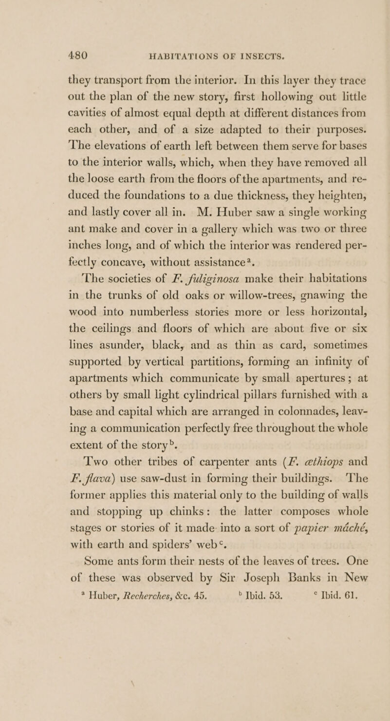they transport from the interior. In this layer they trace out the plan of the new story, first hollowing out little cavities of almost equal depth at different distances from each other, and of a size adapted to their purposes. The elevations of earth left between them serve for bases to the interior walls, which, when they have removed all the loose earth from the floors of the apartments, and re- duced the foundations to a due thickness, they heighten, and lastly cover all in. M. Huber saw a single working ant make and cover in a gallery which was two or three inches long, and of which the interior was rendered per- fectly concave, without assistance?*. The societies of /. fuliginosa make their habitations in the trunks of old oaks or willow-trees, gnawing the wood into numberless stories more or less horizontal, the ceilings and floors of which are about five or six lines asunder, black, and as thin as card, sometimes supported by vertical partitions, forming an infinity of apartments which communicate by small apertures; at others by small light cylindrical pillars furnished with a base and capital which are arranged in colonnades, leay- ing a communication perfectly free throughout the whole extent of the story. Two other tribes of carpenter ants (/. ethiops and F. flava) use saw-dust in forming their buildings. The former applies this material only to the building of walls and stopping up chinks: the latter composes whole stages or stories of it made: into a sort of papier mdché, with earth and spiders’ web‘. Some ants form their nests of the leaves of trees. One of these was observed by Sir Joseph Banks in New * Huber, Recherches, &amp;c. 45. > Ibid. 53. © Ibid. 61,