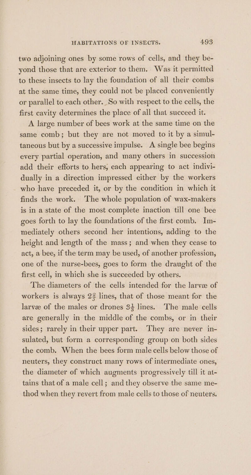 two adjoining ones by some rows of cells, and they be- yond those that are exterior to them. Was it permitted to these insects to lay the foundation of all their combs at the same time, they could not be placed conveniently or parallel to each other. So with respect to the cells, the first cavity determines the place of all that succeed it. A large number of bees work at the same time on the same comb; but they are not moved to it by a simul- taneous but by a successive impulse. A single bee begins every partial operation, and many others in succession add their efforts to hers, each appearing to act indivi- dually in a direction impressed either by the workers who have preceded it, or by the condition in which it finds the work. ‘The whole population of wax-makers is in a state of the most complete inaction till one bee goes forth to lay the foundations of the first comb. Im- mediately others second her intentions, adding to the height and length of the mass; and when they cease to act, a bee, if the term may be used, of another profession, one of the nurse-bees, goes to form the draught of the first cell, in which she is succeeded by others. The diameters of the cells intended for the larvee of workers is always 22 lines, that of those meant for the larvee of the males or drones 34 lines. The male cells are generally in the middle of the combs, or in their sides; rarely in their upper part. They are never in- sulated, but form a corresponding group on both sides the comb. When the bees form male cells below those of neuters, they construct many rows of intermediate ones, the diameter of which augments progressively till it at- tains that of a male cell; and they observe the same me- thod when they revert from male cells to those of neuters.