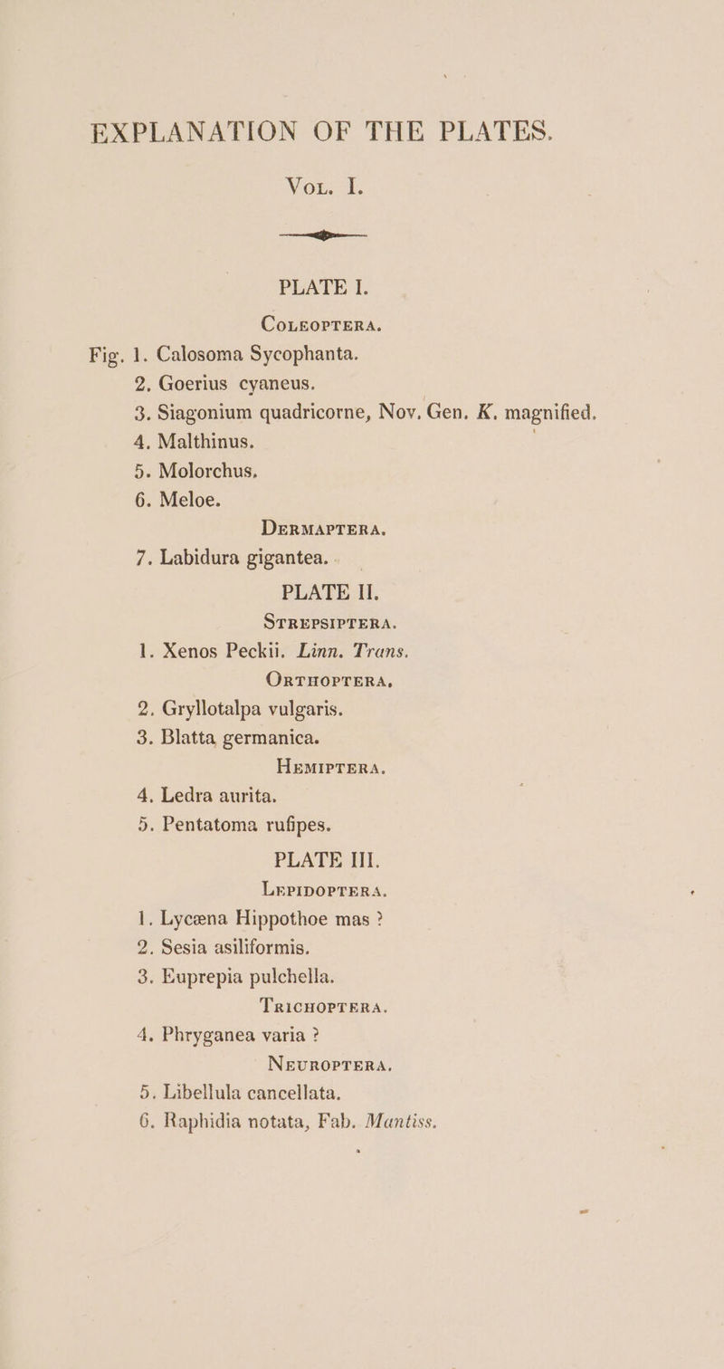 EXPLANATION OF THE PLATES. Vou. I. ae PLATE I. CoLeorrera. Fig. 1. Calosoma Sycophanta. 2, Goerius cyaneus. . Siagonium quadricorne, Nov. Gen. K. magnified, . Malthinus. » Molorchus, . Meloe. oO wo f DERMAPTERA, 7. Labidura gigantea... PLATE II. STREPSIPTERA. . Xenos Peckii. Linn. Trans. a) ORTHOPTERA, 2. Gryllotalpa vulgaris. 3. Blatta germanica. HEMIPTERA. 4, Ledra aurita. 5. Pentatoma rufipes. PLATE III. LEPIDOPTERA. 1. Lyceena Hippothoe mas ? 2. Sesia asiliformis. 3. Euprepia pulchella. TRICHOPTERA. 4, Phryganea varia ? NEUROPTERA. . Libellula cancellata. or