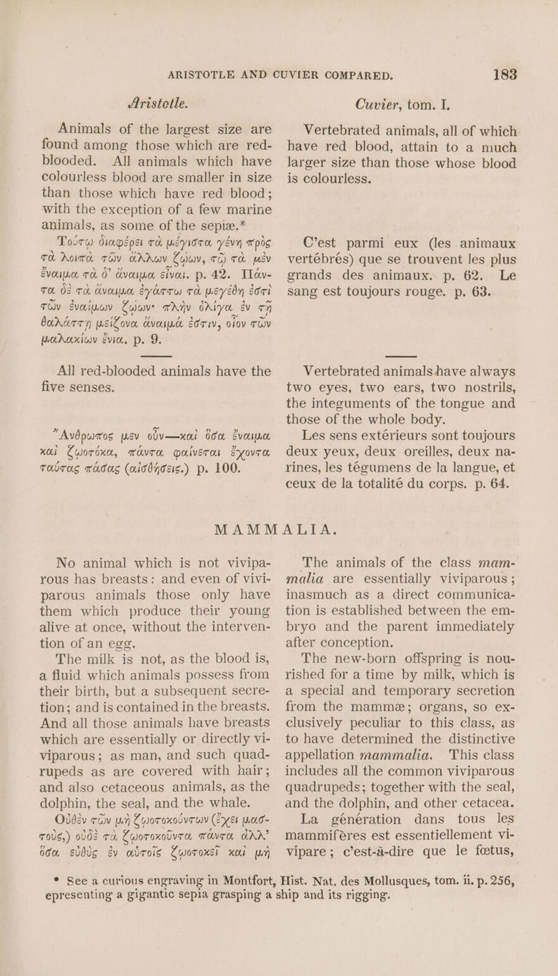 Animals of the largest size are found among those which are red- blooded. All animals which have colourless blood are smaller in size than those which have red blood; with the exception of a few marine animals, as some of the sepiz. 2 Toirw dap? pst To wsYioro. yevn ™pog rd domed cov Are BONE TG) TH meV VOI TH O° CVC SivoL. p- 42. Tdv- TO OF TO, cvonmn sydrrw TO weyebn ort TOV every Sylow Thay OAIY OL ey rn badarry psigover ¢ OVONLOK EOTWV, OLOV TOV Moraxiov évia. p. 9. All red-blooded animals have the five senses. “Avépwaros mev olv——xoi Ooo evouuoe xo Cworixa, wovTa gaiveros ésyovra TovTas Tau (aitbyoss.) p. 100. 183 Vertebrated animals, all of which have red blood, attain to a much larger size than those whose blood is colourless. C’est parmi eux (les animaux vertébrés) que se trouvent les plus grands des animaux. p. 62. Le sang est toujours rouge. p. 63. Vertebrated animals have always two eyes, two ears, two nostrils, the integuments of the tongue and those of the whole body. Les sens extérieurs sont toujours deux yeux, deux oreilles, deux na- rines, les tegumens de la langue, et ceux de la totalite du corps. p. 64. No animal which is not vivipa- rous has breasts: and even of vivi- parous animals those only have them which produce their young alive at once, without the interven- tion of an egg. The milk is not, as the blood is, a fluid which animals possess from their birth, but a subsequent secre- tion; and is contained in the breasts. And all those animals have breasts which are essentially or directly vi- viparous; as man, and such quad- _ rupeds as are covered with hair; and also cetaceous animals, as the dolphin, the seal, and the whale. Ovdev row oy C wor oxouvT wy log Wwoo~ TOUS) ouds TH Cworoxovvra, TOVTH AAD’ dda Evdvs ev abrois Cworoxel xo wy The animals of the class mam- malia are essentially viviparous ; inasmuch as a direct communica- tion is established between the em- bryo and the parent immediately after conception. The new-born offspring is nou- rished for a time by milk, which is a special and temporary secretion from the mamme; organs, so ex- clusively peculiar to this class, as to have determined the distinctive appellation mammalia. This class includes all the common viviparous quadrupeds; together with the seal, and the dolphin, and other cetacea. La génération dans tous les mammiféres est essentiellement vi- vipare; c’est-a-dire que le fetus,