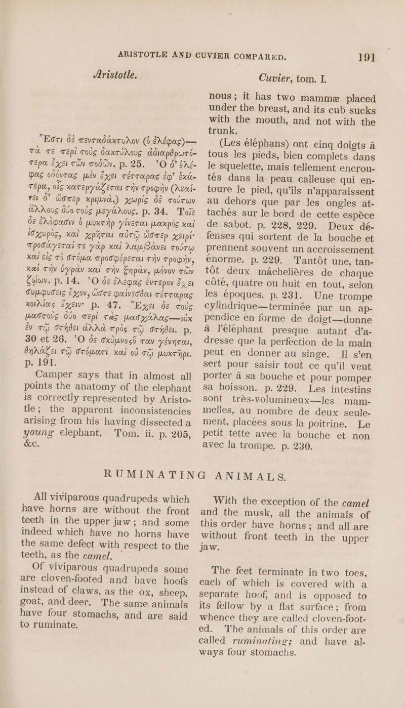 Eri 08 revraddxturoy (5 ddpas)— TH T&amp; wep Tos Oaxrdroug d.diapbpuré- TEP Exei Tov rode. p. 25. *°O 0? sréZ- pus cdovrag wev Eyer sérrapas sy? Ex TEP, vig KaTEpyaeras THV Tpopry (Asc.i- ves 0” diomep xpiuvas) xwpis 62 robcwv addous Ilo rodg weyaAoug. p. 34. Tole ds EX0paaw § wuxrnp yiverou woxpog xo iOzupos, xol ypiqreu auTG) WomEp xEipi- Tponyeral Ts yop nai Aap Sdver TOUT) KO Sig TO Or d[uoe TpOOMEpsr as FHV TPOMHV, xo ohy bypov nol riv Enpav, wOvov Tov Cuwv. p. 14. Ode IN oleta EVTEPOV Ea St TUMPUGEIS EXoV, Wore Daivsd bos TETTOApALS wording Exewe Dp. 47. Exes Os code peaerous dvo TEpl Tag wacyahac—oox &amp;v oq) ornber dAdo Tp0s 7G) onder. p. 30 et 26. ‘O ds cxduvosd cov yévnrau, bnrager 66) Prowari xh od TO) MUXT HDL. p. 191. Camper says that in almost all points the anatomy of the elephant is correctly represented by Aristo- tle; the apparent inconsistencies arising from his having dissected a young elephant. Tom. ii. p. 205, &amp;Cc. 191 Cuvier, tom. L nous; it has two mamme placed under the breast, and its cub sucks with the mouth, and not with the trunk. (Les eléphans) ont cinq doigts a tous les pieds, bien complets dans le squelette, mais tellement encrou- tés dans la peau calleuse qui en- toure le pied, qu’ils n’apparaissent au dehors que par les ongles at- tachés sur le bord de cette espace de sabot. p. 228, 229. Deux dé- fenses qui sortent de Ja bouche et prennent souvent un accroissement énorme. p. 229. Tantdt une, tan- tot deux miacheliéres de chaque coté, quatre ou huit en tout, selon les €poques. p. 231. Une trompe cylindrique—terminée par un ap- pendice en forme de dcigt—donne a leleéphant presque autant d’a- dresse que la perfection de la main peut en donner au singe. Il s’en sert pour saisir tout ce qu’il veut porter a sa bouche et pour pomper sa boisson. p. 229. Les intestins sont trés-volumineux—les mam- melles, au nombre de deux seule- ment, placées sous la poitrine. Le petit tette avec la bouche et non avec la trompe. p. 230. All viviparous quadrupeds which have horns are without the front ‘teeth in the upper jaw; and some indeed which have no horns have the same defect with respect to the teeth, as the camel. — Of viviparous quadrupeds some are cloven-footed and have hoofs instead of claws, as the ox, sheep, goat, and deer. The same animals have four stomachs, and are said to ruminate. With the exception of the camel and the musk, all the animals of this order have horns; and all are without front teeth in the upper jaw. The feet terminate in two toes, each of which is covered with a Separate noof, and is opposed to its fellow by a flat surface; from whence they are called cloven-foot- ed. The animals of this order are called ruminating; and have al- ways four stomachs,