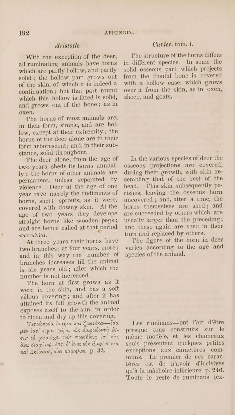 Aristotle. With the exception of the deer, all ruminating animals have horns which are partly hollow, and partly solid; the hollow part grows out of the skin, of which it is indeed a continuation ; but that part round which this hollow is fitted is solid, and grows out of the bone; as in oxen. The horns of most animals are, in their form, simple, and are hol- low, except at their extremity; the horns of the deer alone are in their form arborescent; and, in their sub- stance, solid throughout. The deer alone, from the age of two years, sheds its horns annual- ly ; the horns of other animals are permanent, unless separated by violence. Deer at the age of one year have merely the rudiments of horns, short sprouts, as it were, covered with downy skin. At the age of two years they develope straight horns like wooden pegs ; and are hence called at that. period MOTTOAAIC. ’ At three years their horns have two branches; at four years, more; and in this way the number of branches increases till the animal is six years old; after which the number is not increased. The horn at first grows as it were in the skin, and has a soft villous covering; and after it has attained its full growth the animal exposes itself to the sun, in order to ripen and dry up this covering. Terparoda evoso xo Cwordxa—ooo wey 2OT! xEpaTopIpA, ovx CiupdovTa &o~ giv: ob yap exer rors wpoddioug Emi r7g dive Crayovos. Eor4 0” Evice ox AULOWOOVTO ol &xZpurd, olov xXUAIS. P. 32. Cuvier, tom. I. The structure of the horns differs in different species. In some the solid osseous part which projects from the frontal bone is. covered with a hollow case, which grows over it from the skin, as in oxen, sheep, and goats. In the various species of deer the osseous projections are covered, during their growth, with skin re- sembling that of the rest of the head. This skin subsequently pe- rishes, leaving the osseous horn uncovered ; and, after a time, the horns themselves are shed; and are succeeded by others which are usually larger than the preceding; and these again are shed in their turn and replaced by others. The figure of the horn in deer varies according to the age and species of the animal. Les ruminans—ont lair d’étre presque tous construits sur le méme modeéle, et les chameaux seuls présentent quelques petites exceptions aux caracteres com- muns. Le premier de ces carac- teres est de n’avoir d’incisives qu’a la machoire inferieure. p. 246. Toute Je reste de ruminans (ex-
