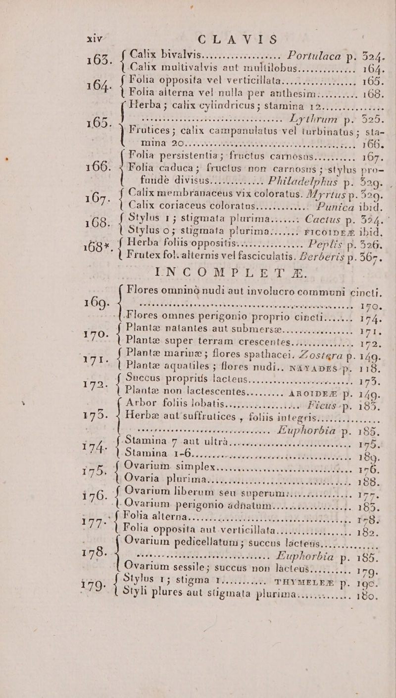 65. Calix bivalvis........;. ec Portulaca p. 524. i . (Cn multivalvis aut siufilob usto BP 164. 64 Folia opposita vel verticillata............:..... 165. T: b olia alterna vel nulla per anthesim.......... 169. Herba ; calix cy lindricus; stammá-15.1,7. 5.2... ns 65. Í MERI EC HAE TTR dn eun dH Lythrum p. 525. Lu ] Pretiee calix campanulatus vel turbinatus; sta- Ina 20... 00V 0N84 CLE uoo xe PERMEMICE 1- 160; l'olia persistentia ; fructus carnosas.......... 167. 166. [rois caduca; frucius non carnosus ;-stylus pro- funde diVisué ZHDSIR: n Philadelphus p. 529. 6 Calix membranaceus vix coloratus. Myrtus p. 329. APT: i Calix coriaceus coloratus............. Punica ibid. 68. Stylus 1; j stigmata plurimae. Cactus p. 594.* 1 1 olLylus o; stigmata plurima:...... rico1bDE £ ibid, 168. gar foliis: oppositis: ........eesuue. Peplis p. 526. Frutex fol. alternis vel fasciculatis. Perberis p. 507. ICN-G OUCMPSZECESA P ZAC Flores omninó nudi aut involucro communi cincti. 169. 1 KON A WS. d tenen eem emetoeeevesesihtun sese. 18. Flores omnes perigonio proprio cincti. LOIUA. Plantz. natantes aut submersz......... Vk R71. HM m super terram crescentes. .............. 172. Í Plantz marinz ; flores SE. : Zost«ra p. 149. 171. Plantae aquatiles ; ; llores nudi.. NàvADES- (X 118. TEM aim propritisslaceus: s. unus ae LEOT PS T 7?- | Plantz non lactescentes......... AROIDEZ p. 140. Arbor. foliis lobatisieig E A2. EA - PFicus:p. 185. Herbz aut suffrutices » foliis integris.......uuuuuu.. DU dus doter o NA Um Euphorbia p. 185 i ER ^. [ocn Visant ultri ico eates S HE LA x 175. Glamiaatrb.s us dla nord ts e PECORIS A 189. 75. dA ONE sunplex ceci v6 cQ O86. .. 176. Ovaria plurima.............. UEM. (342. 1.5. 18B. i76. ee lhberum seu superummt/. 50... 175. Ovarium. perigonio adhatum...... £224. I. 185. 1 1 Eolia altérria:-t)53 ta 0s nili .t 1X R2813, E iE YAT Folia opposita aut verticillata......... 8A... 1. 182. Ovarium pedicellatuni; succus lactetis.............. 178. | A IUS DONIS. . en FEuphorbia p. 185. Ovarium sessile; succus non làcteuis........ Pu 179. eae I stigma i1 ue THYMELEJE p. 1906. etyli plures aut sgniala plurima..,......... 190.