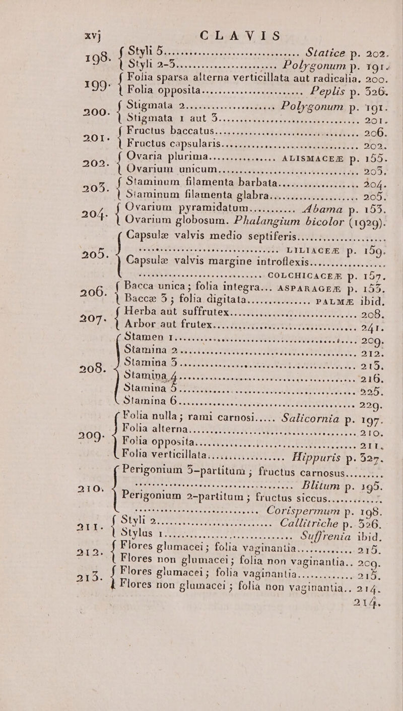 NATO Y ERROR TERT M. e .. Statice p. 202. Sti arBÉG nb is m ee Polysonum p. 19r. Folia sparsa alterna vericbdm aut radicalia. 2oo. BoliIoDBoSlias e rere PETERE Peplis iE ples Slieornalaog srectsseeis ene Polygonum p. 191. Stigmata 1 aut 5...... RR ANE iÉuib o. Ue. N30: 2,15 PENES Baccatus: 1E tss hu buds 8... 200. Eructus;cápsularis:409059 osse EHE. 2. DOO. Won plurima. eee ALISMACEJ p. 155. 108. 199: Ovarium unicum............. d velzm dts Hd. 13 ves Staminum Biomed Dus aecepioeiot ie .. 204. Siaminum filamenta glabra...... MEME esl. x. 205. Ovarium pyramidatum.......... Abama p. 155. Ovarium globosum. Phalangium bicolor (1929). Capsule valvis medio septiferis..................... ioa eviter d eee LILIAGEG p. 159. Capsulu valvis margine introflexis.................. PAL] t MRNA EE e e COLCHICACER p. r2: ( Bacca. unica ; folia ds. . ASPARAGEJR. p. 155. 206. | Bacee 5; t digitata sii NES PALME ibid. Herba adi suffrutex....... AUN Ra BE TTA rr cu E RR 208. Arborzautrfrutex: 7) forro tem. 241. E pre dos tus TESTE PUR NE CUNT. enne bes. 209. 205. famam t eee MUR ax 512. Stamaia S ot LARA ERRAT, : Da 19: otamina CITRUS OE EO TEL 216. otamina 5...... NS MEHRRE Lich cepa rode ecc $4.25 obit s eer. o TRO A enne. 229. Folia nulla; rami carnosi..... Salicornia p. 197. Folia alterna...... ED, NEU lp rn ex cr HESS 9 A 400 Is dO Ma Ne dipxi eu eset uou D Folia verticillata....,..... . Hippuris p.227. Perigonium 5 TTE Frieibé carnosus......... | ig s Dateien gern hrs ves ve 1) LLULUTI P. 195. Perigonium 2-partitum ; fr üCctus SICCUS.«. 03.0 X. rM Jal ere ee EAR IgA Corispermum p- 198. Í Syn xad 3A ect iei Callitriche p. 526. Stylus msc copa LE MM vs P repa ibid. mi Flores glumacei ; folia vaginantia.. NO ns và y Flores non glumacei; folia non vaginantia. « 209. dd glumacei; folia vaginantia............. 215. Flores non glumacei ; folia non vaginantia.. 214. 214.