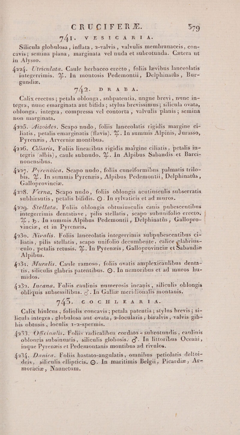 CRUCIFER E. oc 808 xpo áp. cw gRS poe AE ROS AS Silicula globulosa , inflata , 2-valvis, valvulis membranaceis, con- cavis; semina plana, marginata vel nuda et subrotunda. Cztera ut in Alysso. 4224. Utriculata. Caule herbaceo erecto , foliis levibus lanceolatis integerrimis. 27. Iü montosis Pedemontii, Delphinatüs, Bur- gundiz. maa pm AB. Calix erectus ; petala oblonga , subpatentia, ungue brevi , nunc in- tegra, nuuc emarginata aut bifida ; stylus brevissimus; silicula ovata, oblonga, integra, compressa vel contorta , valvulis planis ; semina non marginata. 4225. .izoides. Scapo nudo, foliis lanceolatis rigidis margine ci- liatis, petalis emarginatis (flavis). 27. In summis Alpinis, Jurasso, Pyrenzis, Arverniz montibus. 4226. Ciiaris, Foliis lineazibus rigidis margine ciliatis petalis in- tegris (albis), caule subnudo, 27. In Alpibus Sabaudis et DBarci- A nonensibus. 4227. Pyrenáica. Scapo nudo, foliis cuneiformibus palmatis trilo- bis. 27. In summis Pyrenzis, Alpibus Pedemontit, Delphinatàs , Galloprovinciz. 4228. Ferna. Scapo nudo, foliis oblongis acutiusculis subserratis subhirsutis , petalis bifidis. OQ. In sylvaticis et ad muros. 4229. Stellata. Folis oblongis obtusiusculis canis pubescentibus integerrimis dentatisve , pilis stellatis, scapo subunifolio erecto. 2L, 5b. In summis Alpibus Pedemontii ; Delphinatüs, Gallopro- vinci, et in Pyrenseis, 4230. lVivalis. Foliis lanceolatis integerrimis subpubescentibus ci- liatis, pilis stellatis, scapo unifolio decumbente, calice qplabrius- culo, petalis retusis. 27. In Pyrenzis , Galloprovineie et Sabaudio Alpibus. ; Lr de 4531. Muralis. Caule ramoso, foliis ovatis amplexicaulibus denta- tis, siliculis glabris patenübus. Q. In nemoribus et ad muros hu- midos. obliquis subsessilibus. 7. In Galli: meridionalis montanis. 745. C 0 CH LEA RIA. Calix hiulcus , foliolis concavis ; petala patentia ; stylus brevis ; si- Jicula integra , globulosa aut ovata, 2-locularis ; bivalvis, valvis gib- bis obtusis , loculis 1-2-spermis. 4233. Officinalis.. VFohis radicalibus cordato - subrotundis , caulinis oblongis subsinuatis, siliculis globosis. gf. Ín littoribus Oceani, inque Pyren:is et Pedemontanis montibus ad rivulos. 4234. Danica. Foliis hastato-angulatis , omnibus petiolatis deltoi- deis, siliculis ellipticis, Q. In maritimis Belgii, Picardie, Ar- moracie , Nannetum.