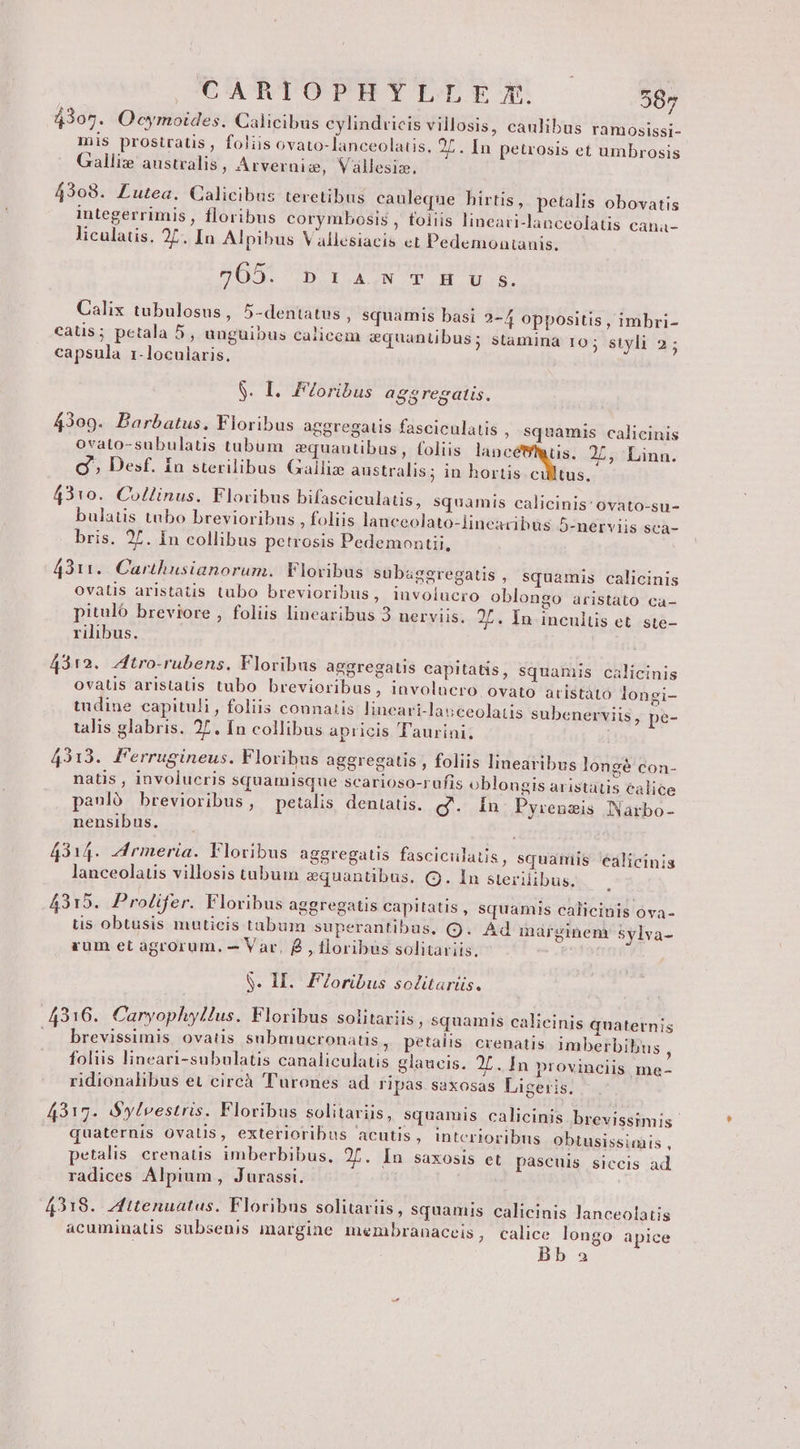 4 4305. Ocymoides. Calicibus cylindricis villosis, caulibus ramosissi- mis prostratis , foliisovato-lanceolatis, 2L. In petrosis et umbrosis Gallie australis, Arvernis, Vallesic. 4308. Lutea. Calicibus teretibus cauleque hirtis, petalis obovatis integerrimis , floribus corymbosis , foiiis lineari-lanceolatis cana- liculatis. 27. In Alpibus Vallesiacis et Pedemontanis. 265. Chop oa pou e Calix tubulosus 5-dentatus , squamis basi 2-4 oppositis imbri- E 2a : ; i ? cats; petala 5, unguibus calieem &amp;quantübus; stamina ro; siyli 2; capsula r-locularis. $. I. F7oribus agsregatis. 43o9. Barbatus. Floribus aggregatis fasciculatis , squamis calicinis ovato-subulatis tubum zquantibus, foliis NIE 2,, Linn. C Desf. Ín sterilibus Gailiz australis; in hortis cilltus. 4310. Collinus. Floribus bifasciculatis, squamis calicinis: ovato-su- bulatis tabo brevioribus , foliis lanceolato-lineacibus 5-nerviis sea- bris. 27. in collibus petrosis Pedemontii, 4311. Carthusianorum. Floribus subaggregatis , squamis calicinis ovatis aristatis tubo brevioribus, iuvolucro oblongo aristato ca- pituló breviore , foliis linearibus 3 nerviis. 27. In inculüs et. ste- rilibus. 4312. Ztro-rubens. Floribus aggregalis capitatis, squamis calicinis ovatis aristatis tubo brevioribus , involucro ovato aristàto longi- tudine capituli, foliis connatis lineari-lauceolatis subenerviis, pe- talis glabris. 27. Ín collibus apricis Taurini. 4313. Ferrugineus. Floribus aggregatis , foliis linearibus longé con- natis , involucris squamisque scarioso-rufis oblongis aristatis ealice pauló brevioribus, petalis dentatis. Q. In Pyrenzis Narbo- nensibus. 4314. Zrmeria. Floribus aggregatis fascicilatis, squamis eéalicinis lanceolatis villosis tabum equantibus. (9. In sterilibus. 4315. Prolifer. Floribus aggregatis capitatis , squamis calicinis ova- tis obtusis muticis tabum superantibus, (9. Ad marginem Sylva- rum et agrorum, — Var. £ , floribus solitariis. $. II. Poribus solitariis. 4316. Caryophyllus. Floribus solitariis, squamis calicinis quaternis — brevissimis ovatis submucronatis , petalis crenatis imberbibus , foliis lineari-subulatis canaliculatis glaucis. 2L. In provinciis me- ridionalibus et circà 'urones ad ripas saxosas Ligeris. 4317. Ó$ylvestris. Floribus solitariis, squamis. calicinis brevissimis. quaternis ovatis, exterioribus acutis , interioribus obtusissimis , petalis. crenatis imberbibus, 25. In saxosis et pàscuis siccis ad radices Alpium, Jurassi. : 4318. Attenuatus. Floribus solitarüs, squamis calicinis lanceolatis acuminatis subsenis margine membranaceis, calice longo apice Bb a