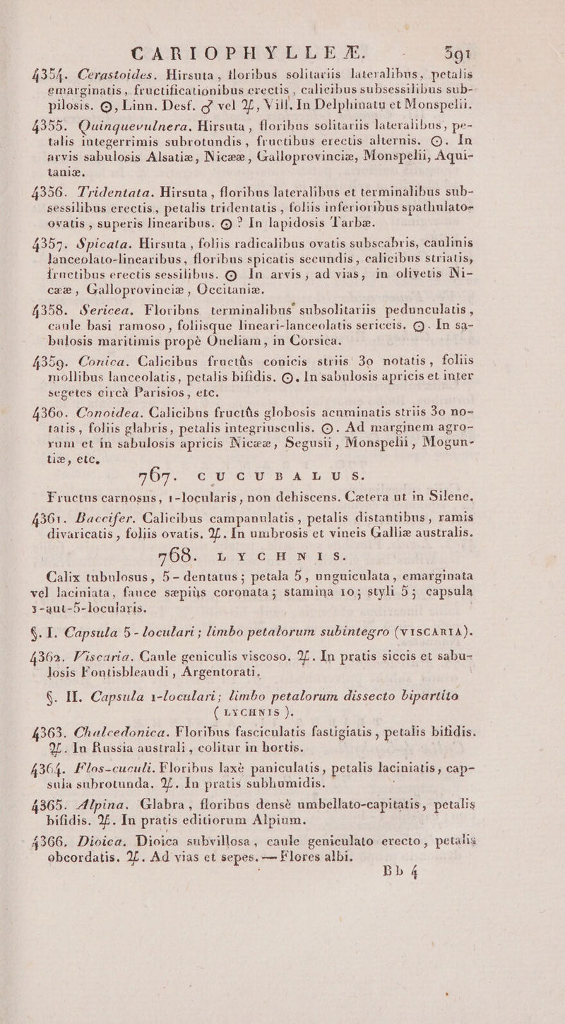 4354. Cerastoides. Mirsuta , tloribus solitariis lateralibus, petalis emarginatis , fructificationibus erectis , calicibus subsessilibus sub- pilosis. OQ, Linn. Desf. c? vel 27, Vill. In Delphinatu et Monspelii. 4355. Quinquevulnera. Hirsuta , floribus solitariis lateralibus, pe- talis integerrimis subrotundis, fructibus erectis alternis. (. In arvis sabulosis Alsatie, Nice , Galloprovincie, Monspelii, Aqui- lanis. 4356. Tridentata. Hirsuta , floribus lateralibus et terminalibus sub- sessilibus erectis, petalis tridentatis , foliis inferioribus spathulato- ovatis , superis linearibus. (9 ? In lapidosis Tarba. 4354. Spicata. Hirsuta , foliis radicalibus ovatis subscabris, caulinis lanceolato-linearibus, floribus spicatis secundis, calicibus striatis, Írnctibus erectis sessilibus. (9 In arvis, ad vias, in olivetis Ni- cae , Galloprovinciz , Occitaniz. 4358. $ericea. Floribus terminalibus subsolitariis pedunculatis , caule basi ramoso , foliisque lineari-lanceolatis sericeis. (9. In sa- bulosis maritimis propé Oneliam , in Corsica. 4359. Conica. Calicibus fructüs conicis striis' 3o notatis, foliis mollibus lanceolatis , petalis bifidis. (9. In sabulosis apricis et inter segetes circà Parisios, etc. 4360. Conoidea. Calicibus fructüs globosis acnminatis striis 3o no- tatis , foliis glabris, petalis integriusculis. (9. Àd marginem agro- rum et in sabulosis apricis Nice, Segusii, Monspelii, Mogun- ti:$, etc, 009. € GN6 V B A L Uis. Fructus carnosus, 1-locularis , non dehiscens. Cetera ut in Silenc. 4361. Daccifer. Calicibus campanulatis , petalis distantibus, ramis divaricatis , foliis ovatis. Y. In unibrosis et vineis Gallie australis. DOO ur bere HN e Calix tubulosus, 5- dentatus ; petala 5, unguiculata, emarginata vel laciniata, fauce swpiüs coronata; stamina 10; styli 5; capsula 3 - aut -5- locularis. $. I. Capsula 5 - loculari ; limbo petalorum subintegro (v 1scAn1A). 4362. F'iscaria. Caule geniculis viscoso. 27. In pratis siccis et sabu- losis Fountisbleaudi, Argentorati. S. II. Capsula 1-loculari; limbo petalorum dissecto bipartito ( rxcHwrs ). 4563. Chalcedonica. Floribus fasciculatis fastigiatis , petalis bifidis. 95. In Russia australi , colitur in hortis. 4364. F'los-cuculi. Floribus laxé paniculatis, petalis laciniatis , cap- sula subrotunda. 27. In pratis subhumidis. 4365. Alpina. Glabra, floribus densé umbellato-capitatis, petalis bifidis. 2£. In pratis editiorum Alpium. 4366, Dioica. Dioica subvillosa, caule geniculato erecto, petalis í ; obcordatis. 2L. Ad vias et sepes. — Flores albi. : Db4