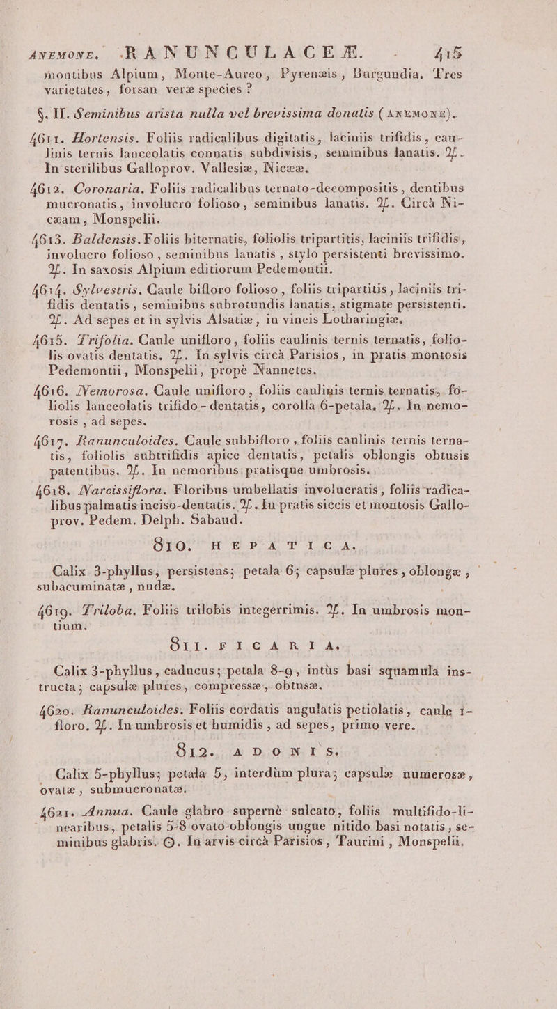 montibus Alpium, Monte-Aureo, Pyrenzis, Burgundia. Tres varietates, forsan vera species ? S. II. S'eminibus arista nulla vel brevissima donatis ( 4&x€uowtz). 4611. Hortensis. Foliis radicalibus digitatis, laciniis trifidis , cau- linis ternis lanceolatis connatis subdivisis, sexninibus lanatis. 27, In sterilibus Galloprov. Vallesie, Nice, 4612. Coronaria. Foliis radicalibus ternato-decompositis , dentibus mucronatis, involucro folioso , seminibus lanatis. 27. Circà Ni- cxam , Monspelii. 4613. Baldensis.Foliis biternatis, foliolis tripartitis, laciniis trifidis, involucro folioso , seminibus lanatis , stylo persistenti brevissimo. 2f. In saxosis Alpium editiorum Pedemontii. 4614. $ylvestris. Caule bifloro folioso , foliis tripartitis , laciniis tri- fidis dentatis , seminibus subrotundis lanatis, stigmate persistenti., 2L. Ad sepes et in sylvis Alsatie , in vineis Lotharingiz. 4615. rifolia. Caule unifloro, foliis caulinis ternis ternatis, folio- lis ovatis dentatis. 27. In sylvis circà Parisios, in pratis montosis Pedemontii, Monspelii, propé Nannetes. 4616. JVemorosa. Caule unifloro , foliis caulinis ternis ternatis, fo- liolis lanceolatis trifido- dentatis, corolla G-petala, 27. In nemo- rosis , ad sepes. 4617. ftanunculoides. Caule subbifloro , foliis caulinis ternis terna- tis, foliolis subtrifidis apice dentatis, petalis oblongis obtusis patentibus. 27. In nemoribus; pratisque umbrosis. . 4618. JVarocissiflora. Floribus umbellatis involucratis , foliis radica- libus palmaus inciso-dentatis. 27. Iu pratis siccis et montosis Gallo- prov. Pedem. Delph. Sabaud. Oto) H E PX Y 16€ A. Calix 3-phyllus, persistens; petala 6; capsulz plures , oblongz , subacuminate , nudz. 4619. T'riloba. Foliis trilobis integerrimis. 27. In umbrosis mon- uum. Sur su c^ RA. Calix 3-phyllus,, caducus; petala 8-9, intüs basi squamula ins- tructa; capsule plures, compressa, obtuse. 4620. Ranunculoides. Foliis cordatis angulatis petiolatis, caule 1- floro, 27. In umbrosis et humidis , ad sepes, primo vere. 915... D.19::NS FP. $4 .. Calix 5-phyllus; petala 5, interdüm plura; capsule numeross, ovaue , subinucronata. 4621. Zinnua. Caule glabro. superné | sulcato, foliis. multifido-li- ^ nearibus, petalis 5-8 ovato-oblongis ungue nitido basi notatis , se- minibus glabris. Q. In arvis circà Parisios, Taurini , Monspelii.