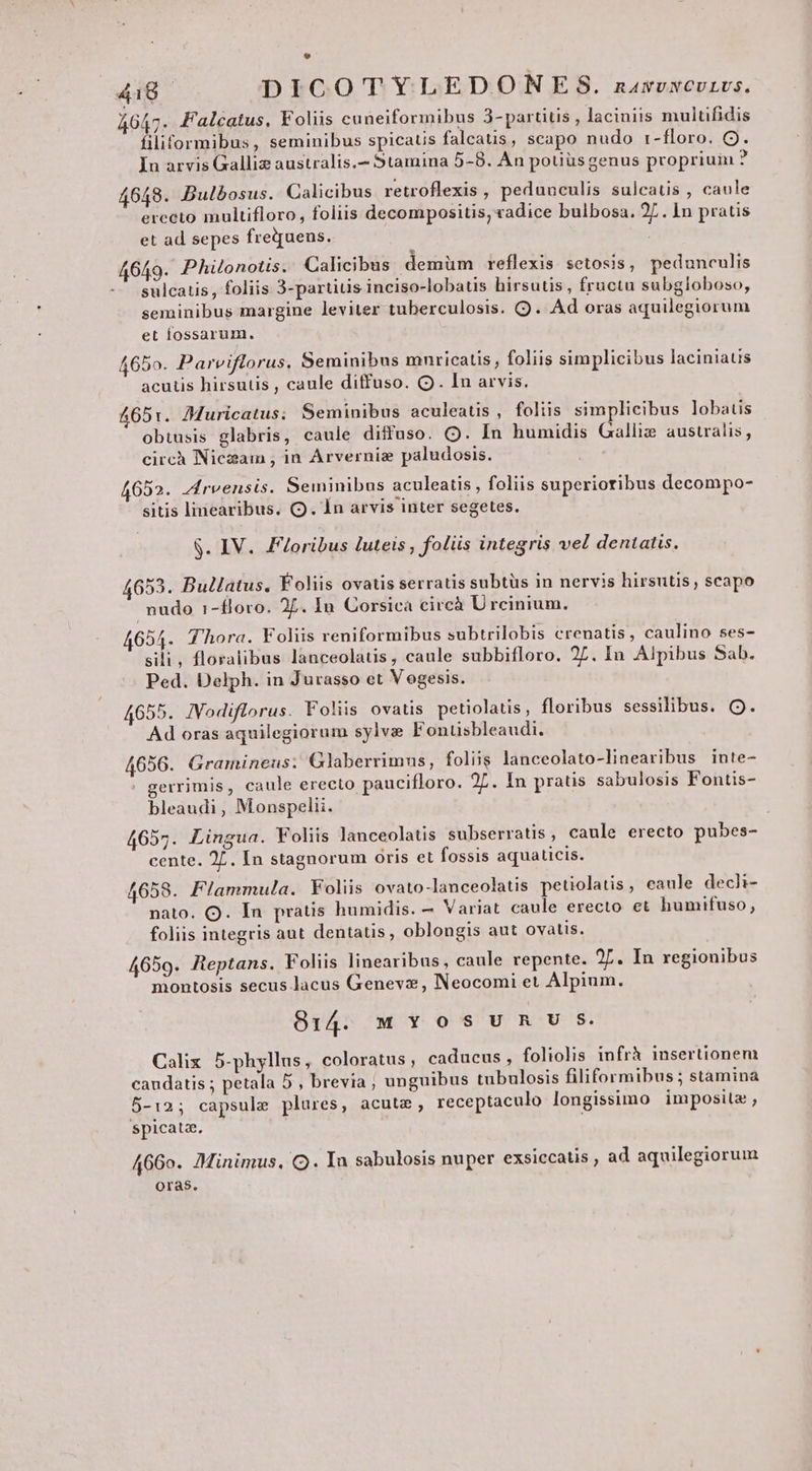 4047. F'alcatus, Foliis cuneiformibus 3-partitis , laciniis mulüfidis filiformibus, seminibus spicaus falcaüis, scapo nudo r-floro. O. In arvis Galliz australis.- Stamina 5-8. An pouüsgenus propriuin ? 4648. Bulbosus. Calicibus retroflexis , pedunculis sulcatis , caule ereeto multifloro, foliis decompositis,vadice bulbosa. 27. In pratis et ad sepes frequens. 4649. Philonotis,. Calicibus demüm reflexis setosis, pedunculis sulcatis , foliis 3-partitis inciso-lobatis hirsutis, fructu subgloboso, seminibus margine leviter tuberculosis. Q. Ad oras aquilegiorum et fossarum. 465o. Parvifforus. Seminibus mnricatis , foliis simplicibus laciniatis acutis hirsutis , caule diffuso. Q. In arvis. 465:. Muricatus; Seminibus aculeatis , foliis simplicibus lobauis obtusis glabris, caule diffuso. O. In humidis Galliz australis, circà Niczain , in Arvernis paludosis. 4652. Zirvensis. Seminibus aculeatis foliis superioribus decompo- sitis limmearibus. Q. 1n arvis inter segetes. $. IV. Floribus luteis , folis integris vel dentatis. 4653. Bullatus. Foliis ovatis serratis subtüs in nervis hirsutis; scapo nudo 1:-floro. 27. In Corsicà circà Urcinium. 4654. Thora. Foliis reniformibus subtrilobis crenatis, caulino ses- sili, floralibus lanceolatis, caule subbifloro. 27. In Alpibus Sab. Ped. Delph. in Jurasso et V ogesis. 4655. IVodiflorus. Fotiis ovatis petiolatis, floribus sessilibus. OQ. Ad oras aquilegiorum sylvas Fontisbleaudi. 4656. Gramineus. Glaberrimnus, foliis lanceolato-linearibus inte- gerrimis, caule erecto paucifloro. 27. In pratis sabulosis Fontis- bleaudi, Monspelii. 4657. Lingua. Foliis lanceolatis subserratis, caule erecto pubes- cente. 2L. In stagnorum oris et fossis aquaticis. 4658. Flammula. Foliis ovato-lanceolatis petiolatis, eaule decli- nato. Q. In pratis humidis. — Variat caule erecto et humifuso, foliis integris aut dentatis, oblongis aut ovatis. 4659. Ateptans. Foliis linearibus, caule repente. 2L. In regionibus montosis secus lacus Genevz, Neocomi et Alpium. 814. qMYyosunR vu s. Calix 5-phyllas, coloratus, caducus , foliolis infrà insertionem caudatis ; petala 5 , brevia, unguibus tubulosis filiformibus ; stamina 5-12; capsule plures, acutz, receptaculo longissimo imposilz , spicate. 4660. Minimus, Q. In sabulosis nuper exsiccatis , ad aquilegiorum oras.
