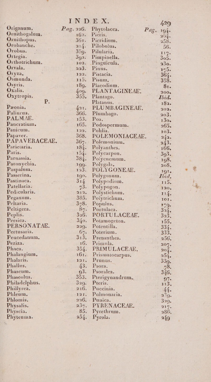 Origanum. Ornithogalam, Orniihopus. Orobanche. Orobus. Ortegia. Oithotrichum. Orvala. Oryza. Osmunda. Osyris. Oxalis. Oxytropis. Ponia. Paliurus. PALMAE. Pancratium, Panicum. Papaver. PAPAVERACEAE. Parietaria. Paris. Parnassia. Parvonychia. Paspalum. Passerina. Pastinaca. Patellaria. Pedicularis. Peganum. Peltaria. Peltigera. Peplis. Persica. PERSONATAE. Pertusaria. Peucedanum. Peziza. Phaca. Phalangium. Phalaris. Phallus. Phascum. Phaseolus. Philadelpbus. Phillyrea. Phleum. Phlomis. Physalis. Physcia. Phyteuma. Pag. 226. 162. 36r. 214. 359. 392. 102. 223. 122. 115. 199. 409. 205, Phytolacca. Picris. Picridium. Pilobolus. Pilularia. Pimpinella, Pinus. Pistacia. Pisum, Placodium. PLANTAGINEAE. Plantago. Platanus. -.; PLUMBAGINEAE. Plumbago. Poa. Podospermum. Pohlia. Polemonium. Polyanthes. Polycarpon. Poiycuemum. Polygala, POLYGONEAE. Polygonum. Polypodium. Polypogon. Polystichum. Polytrichum, Populus. Portulaca. PORTULACEAE. Potamogeton. Potentilla. Poterium. Prenanthes. Primula. PRIMULACEAE. Prismatocarpus. Prunus. Psora. Psoralea. Pterigynandrum., Pteris. Puccinia. Pulmonaria. Punica. PYRENACEAE. Pyrethrum. Pyrola. . dime