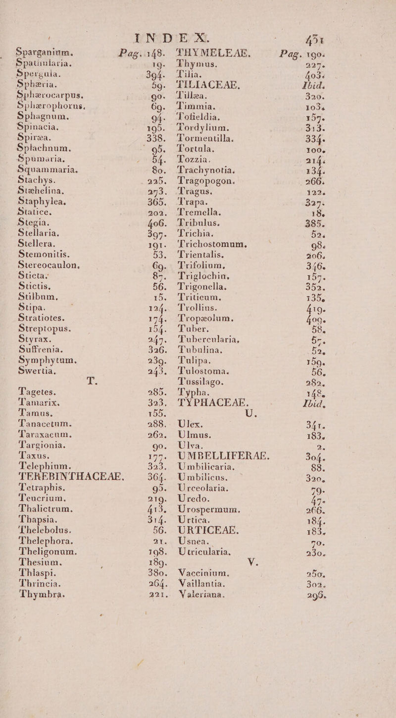 L Sparganium. Pags.3148. SSpataularia. 19. Spergula. 394. Sphaera. 59. Spharocarpus. 90. Sphzrophorus, 69. Sphagnum. 94- Spinacia. 195. Spirza. 338. Splachnum. -:95. Spumaria. 54. Squammaria. 8o. Stachys. 225 Siehelina. 273 Staphylea. 365. 5Statice. 202 Stegia. 406. Stellaria. 397. Siellera. 191. Stemonitis. 53. Stereocaulon, 69 Sticta. 85. Stictis, 56. Stilbum, 15. Stipa. 124. Stratiotes. 174. Streptopus. 154. Styrax. 247. Suffrenia. 326 Symphytum. 239. Swertia., 243. JT Tagetes. 585 T'amarix. 323. 'Tamus. 155. 'Tanacetum. 288. T'araxacum. 262. Targionia. 90. Taxus. 177. T'elephium. 323 'T'EREBINTHACGCEAE, 364. Tetwaphis. 92. Teucrium. 219. Thalictrum. 413, Thapsia. 314. l'helebolus. 56. T helephora. 21. Theligonum. 198. Thesium. 189. Thlaspi. 380. Thrincia. 264. Thymbza. 221 Thymus. T ilia. TILIACEAE. Tillea. Timmia. Tordylium. Tormenuilla. T'ortula. T'ozzia. Trachynotia. Tragopogon. Tragus. Trapa. Tremella. Tribulus. 'Trichia. 'Trichostomum. 'L'rientalis. Trifolium, Triglochin, Trigonella. 'Tritieum. 'Tvolltus. Tropzolum. 'T'uber. 'Fubercularia, 'Tubulina. Tulipa. 'Tulostoma. T ussilago. Typha. Ulex. Ulmus. Ulva. Umbilicaria. Umbilicus. U rceolaria. Uredo. Urospermum. Urtica. URTICEAE. Usnea. Utricularia. Vaccinium., Vaillantia. Y aleriana. 282. 148. Ibid,